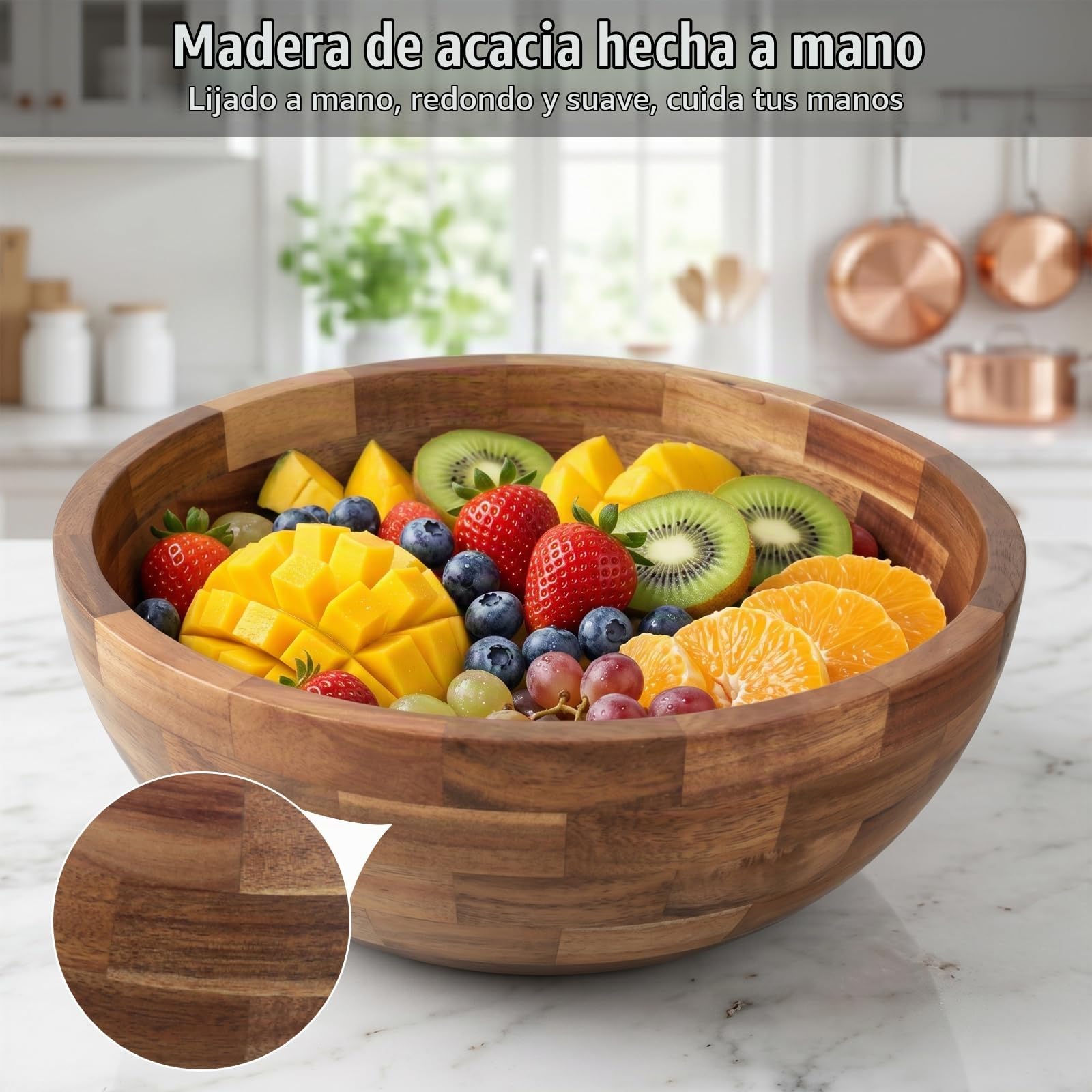 Cuenco Redondo de Madera de Acacia, Ideal como Ensaladera,Ø 26.5 cm | Cuenco para Mezclar, Frutero o Cuenco para Pan, Utensilios de Cocina, Perfecto para Cocina, Picnic y Fiesta