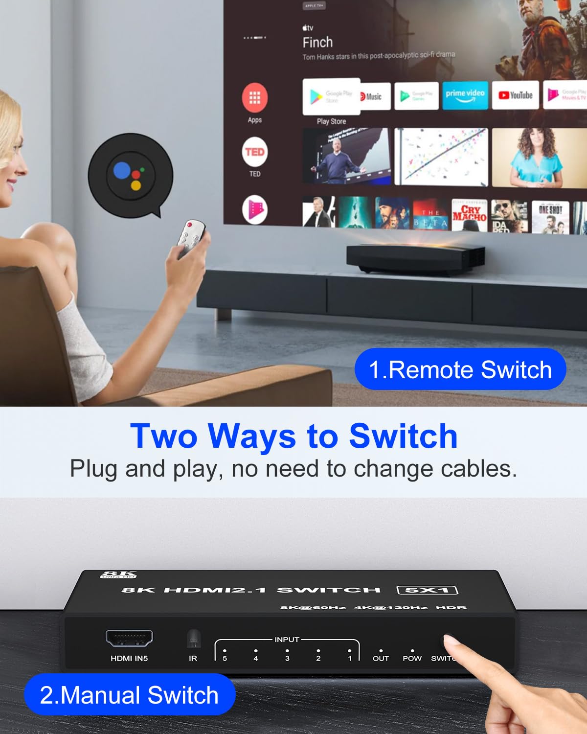 8K HDMI 2.1 Switch - 5 in 1 Out HDMI Switch 8K@60Hz 4K@120Hz mit Fernbedienung, Unterstützt 3D/HDR/HDCP 2.3, Kompatibel mit PS5/4/3, Xbox, DVD-Player, TV und PC 5 Port 4K 120Hz HDMl Splitter