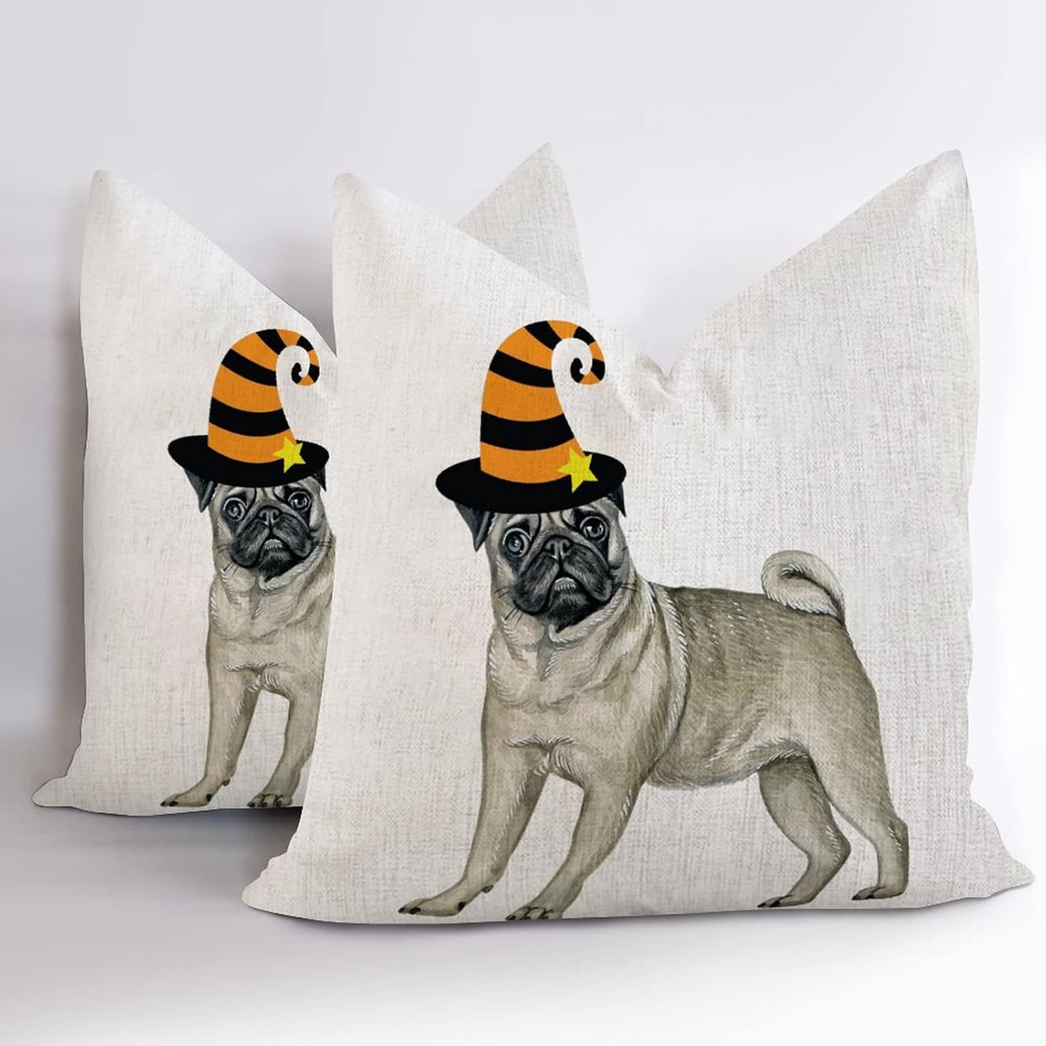 2 Pack Halloween Decorations Cotton Linen Throw Pillow Cases 26 X 26 , Pug Dog Wearing Witch Hat Decorative Pillow Cover Cushion Case Decoration Indoor Outdoor Trick Or Treat Party Supplies image 2
