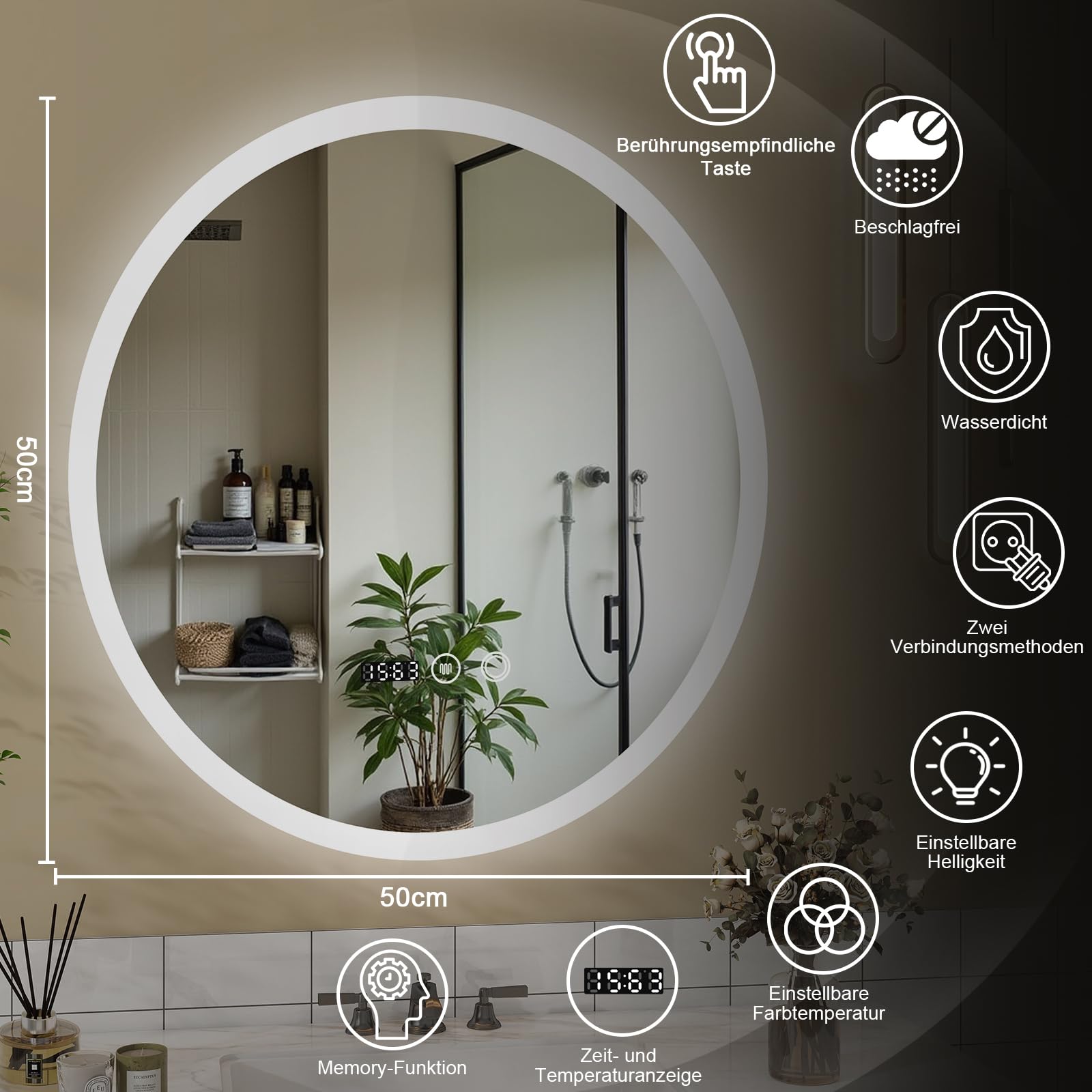 YU YUSING Badspiegel LED Rund Badezimmerspiegel mit Beleuchtung 50x50cm | 3 Lichtfarbe Einstellbare, Wandspiegel mit Touch-Schalter Spiegel Badezimmer Anti-Beschlag Timer-funcktion IP44
