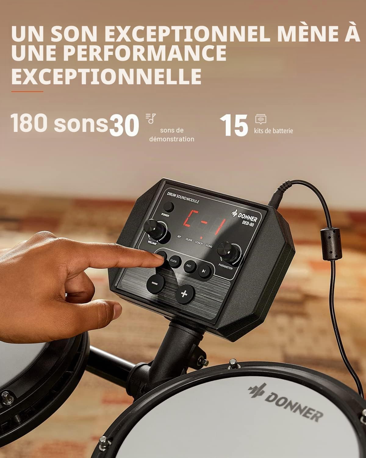 Donner Batteries électroniques drum set pour débutant avec 180 sons, batterie complète en maille silencieuse, légère et portable (DED-80)