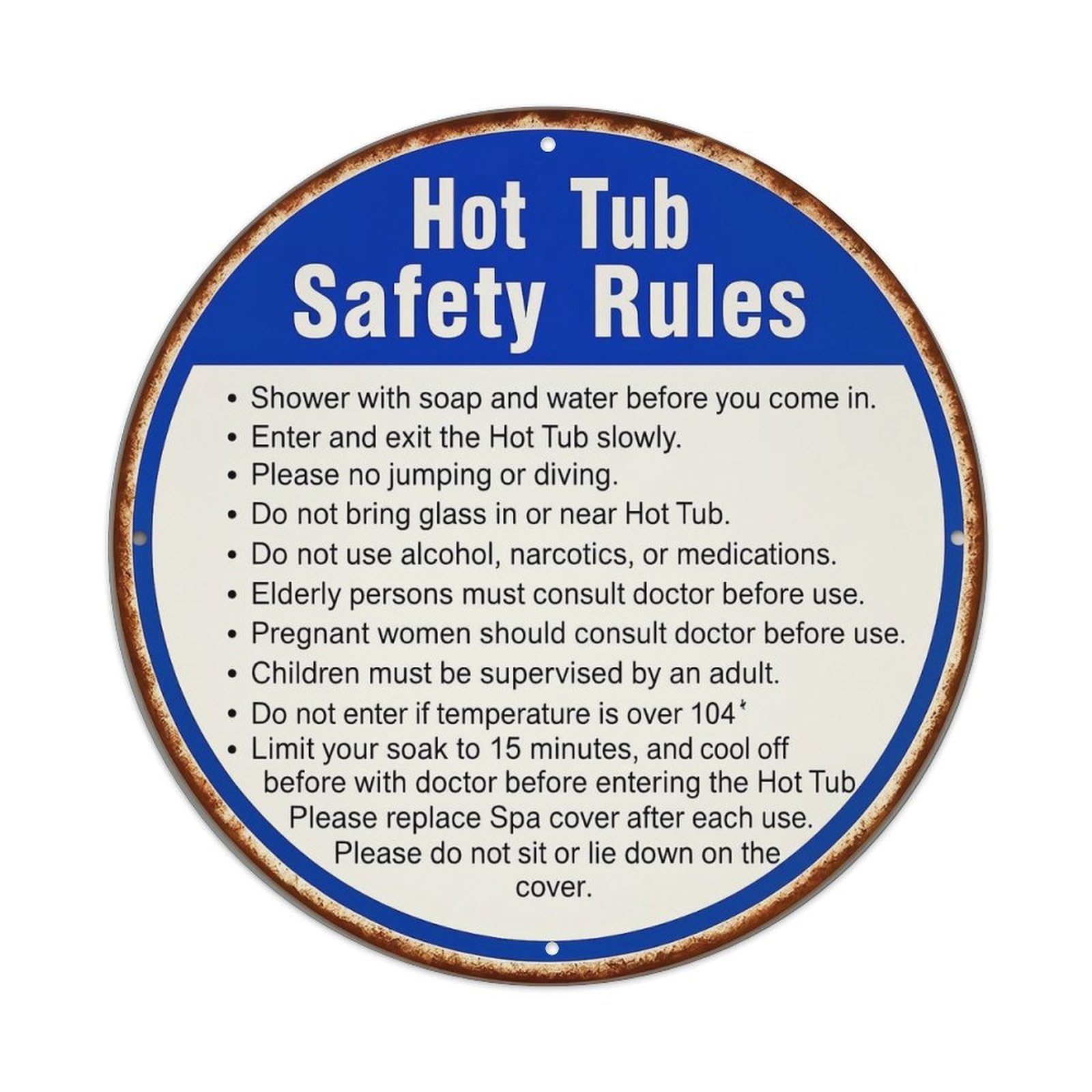 Hot Tub Safety Rules Sign Vintage Round Tin Sign Retro Metal Wall Decor Metal Poster, Home Bar Garage Cafe Wall Art Decoration 8x8Inches