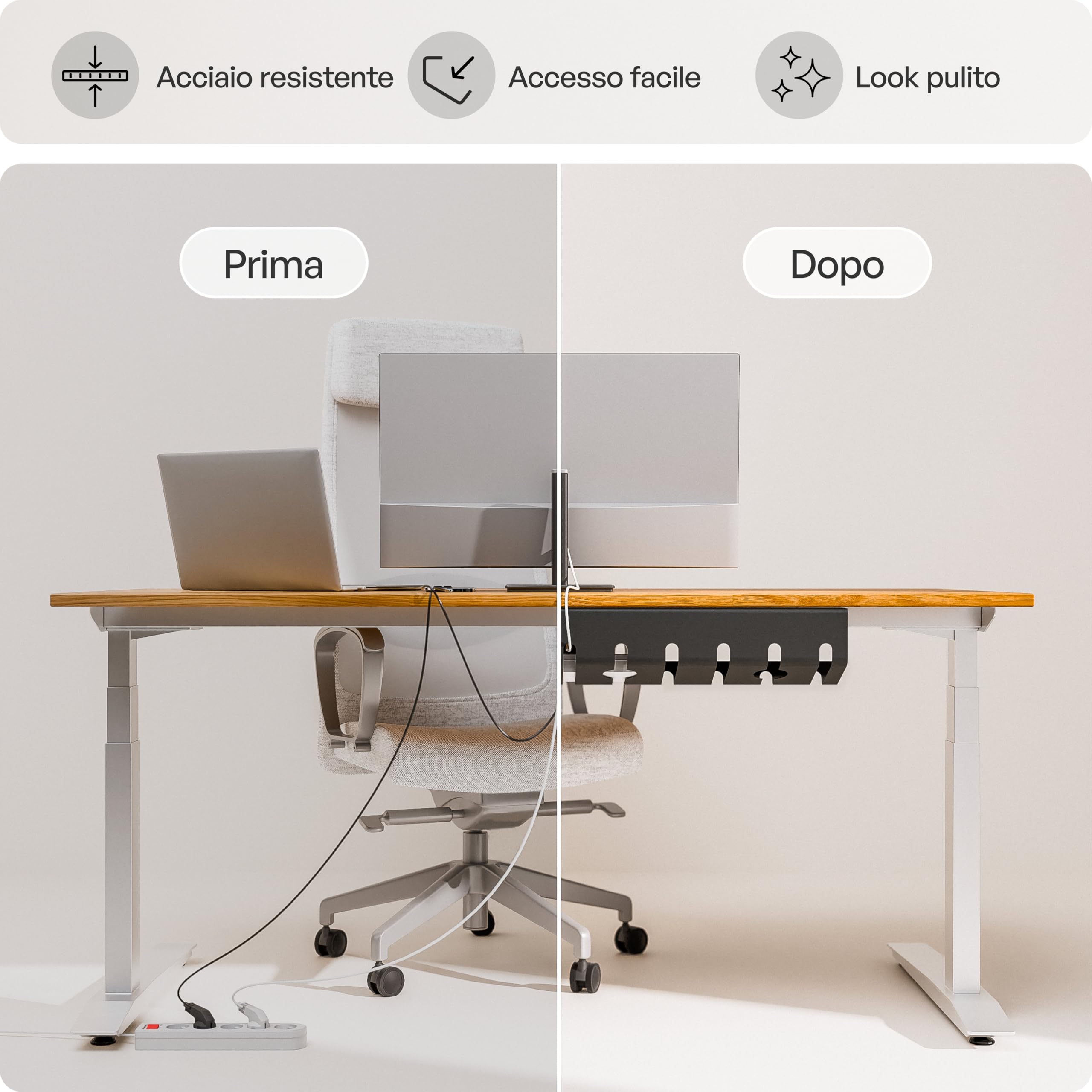 PAMO porta cavi, nera, set di 2 – incl. 10× fascette a strappo e clip per cavi – facile installazione con viti incluse – organizzatore scrivania per ufficio e casa