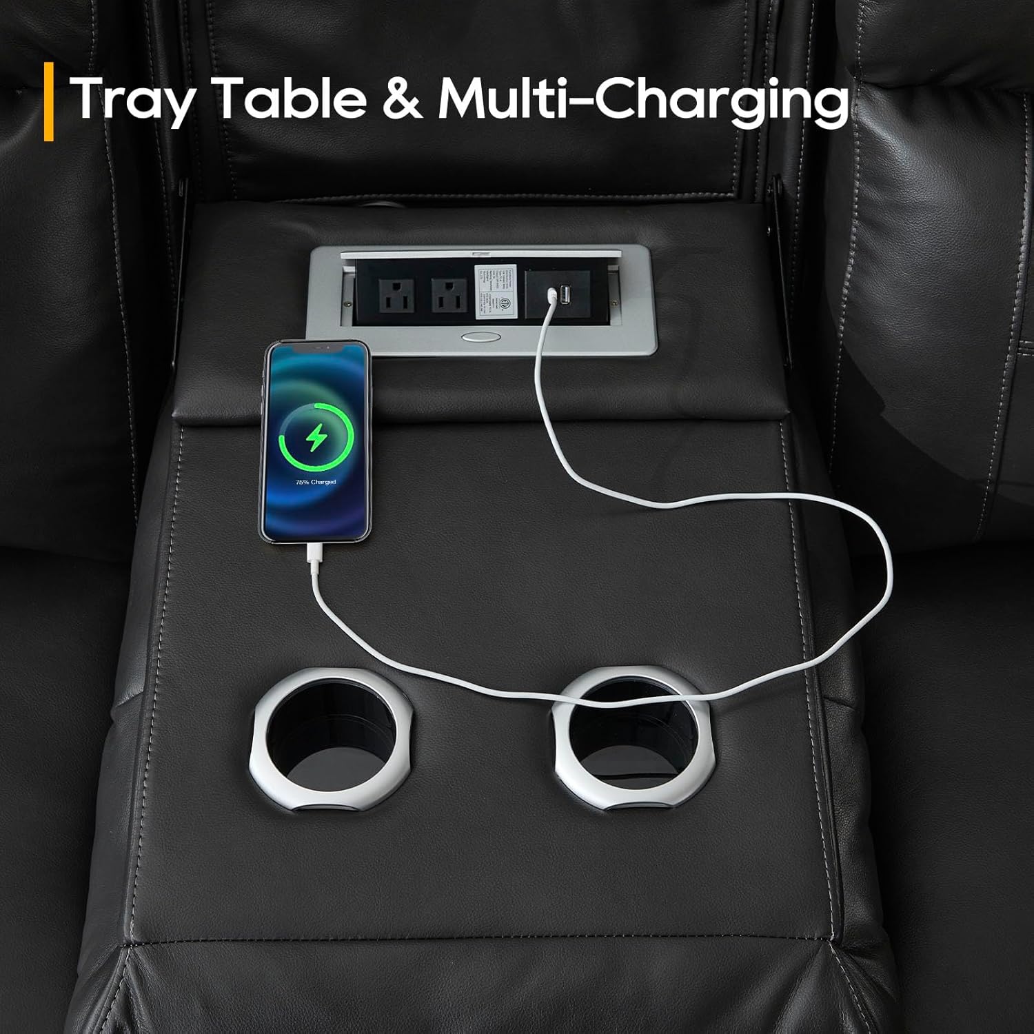 Power Recliner Sofa, Home Theater Seating with Adjustable Headrest, Blue LED Lighting, Reclining Loveseat, Flip-Up Backrest Storage, Multi-Port Charger, Cup Holder, USB
