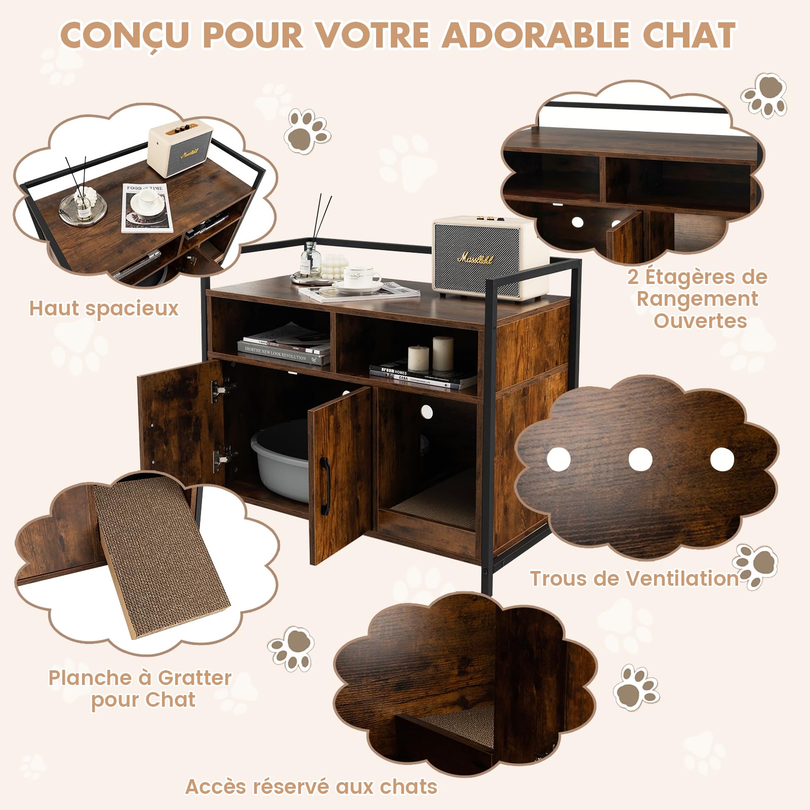 GOPLUS Maison à litière chat acier compartiments griffoir 89x45x74,5cm marron