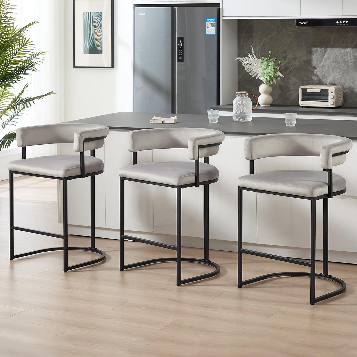Velvet Counter Height Bar Stools Set of 2, Modern Barrel Upholstered Barstools with Comfy Back and Armrests, 26" Bar Chairs with Black Metal Frame for Kitchen Island, Dining Room, Grey