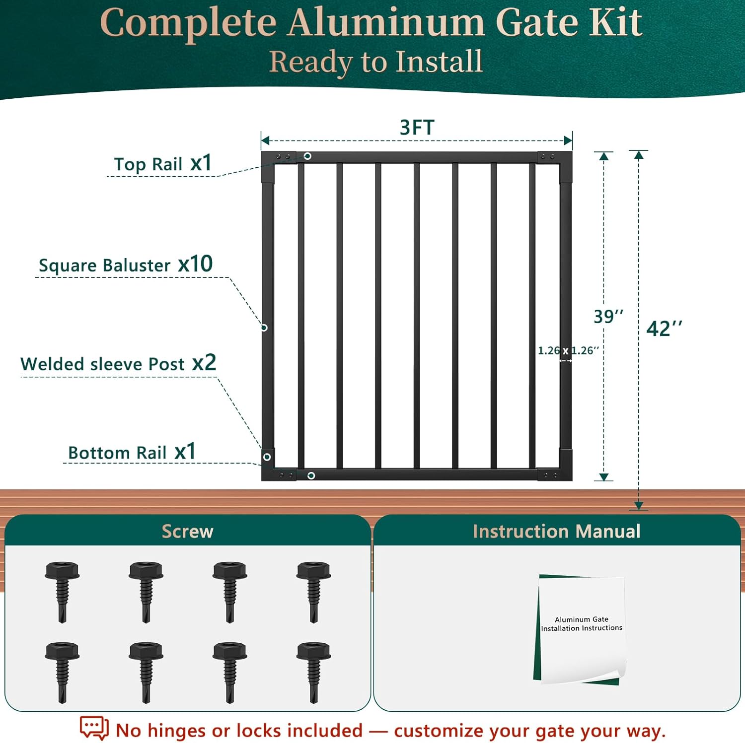 42 in. H x 3 ft. W 6063 Aluminum Deck Gate for 42 in. Railing System, AAMA 2604 Textured Black, Lightweight Outdoor Gate for Deck Stairs, Porch & Patio (Hinges & Latch Not Included)