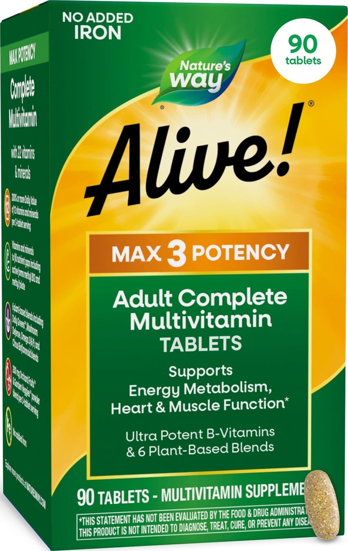 Nature's Way Alive! Max3 Potency Daily Multivitamin, No Iron Added, 90 ct 90 Count (Pack of 1)