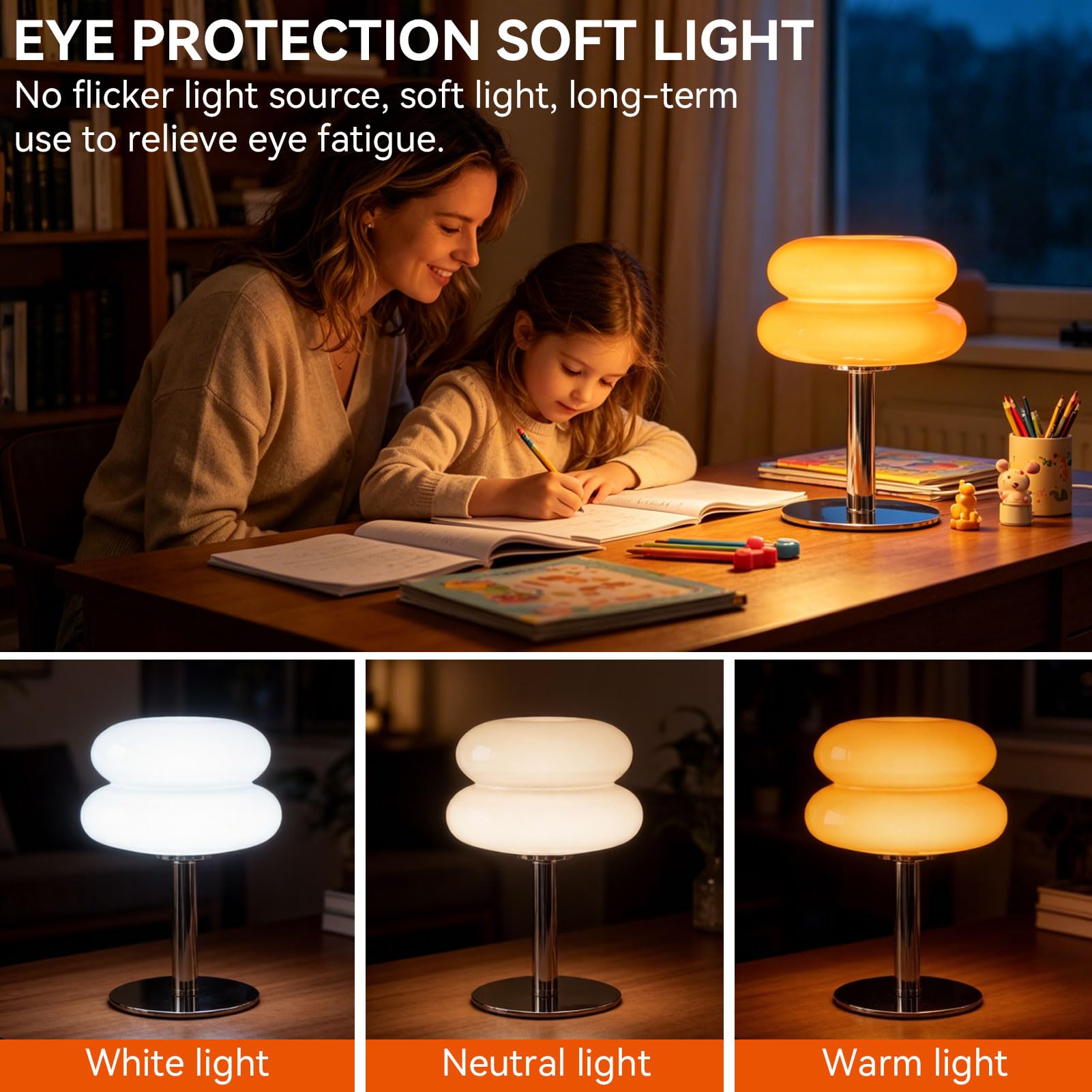 HERCHR Lámpara de seta, lámpara de mesa con forma de tarta de huevo de luz suave, de bajo consumo, bonita, de cristal, con conexión USB, para mesita de noche, dormitorio, sala de estar o (Naranja)
