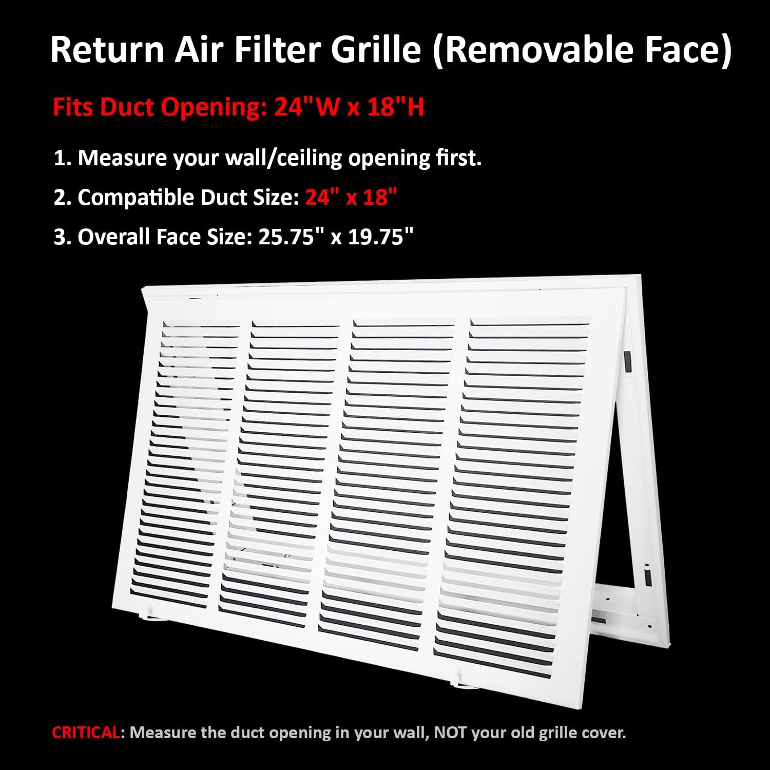 Steel Return Air Filter Grille,Return Vent Cover for Wall or Ceiling [Duct Opening Size] Removable Face/Door for 1 Inch Filters (24"W x 18"H Duct Opening)