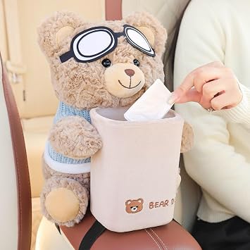 Car Bear Tissue Holder, Cute Plush 2 In 1 Car Tissue Box And Trash Can, For Home Office Vehicle Travel, Stylish Interior Accessory