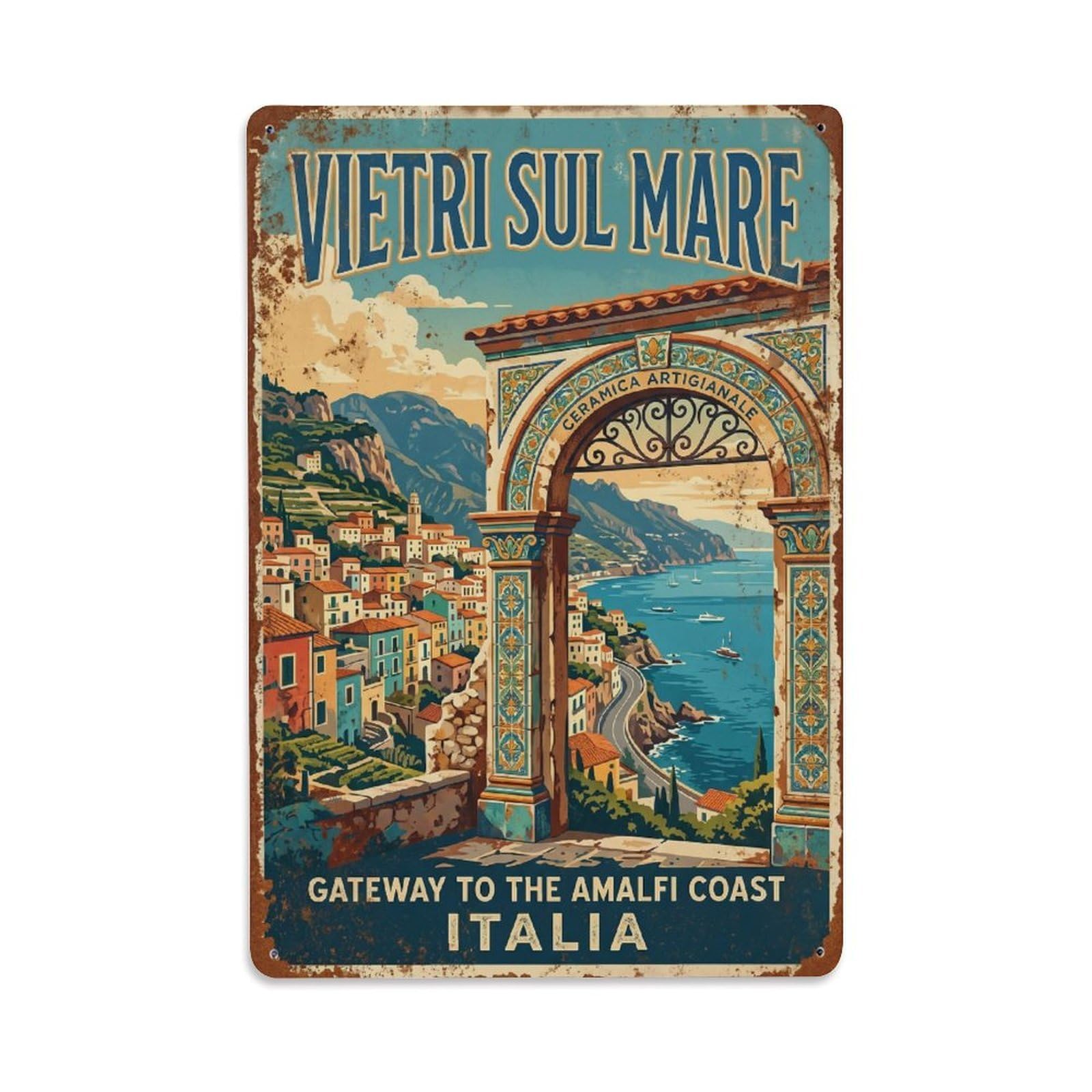 Travel Map Vietri Sul Mare Italy Vintage Cartography Cityscape Metal Tin Sign Plaque Wall Decor for Cafe, Man Cave, Club Bar, Office, Home Garden Round Metal Poster 8x12Inch