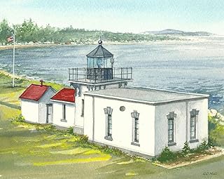 Point No Point Lighthouse, Hansville, Kitsap Peninsula, Puget Sound, Washington. Matted Watercolor Art Prints (8x10)
