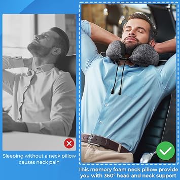 ExploreBliss Travel Pillow, Travel Pillows for Sleeping Airplane, Neck Pillow Airplane, Memory Foam Neck Pillow Set with Eye Mask, Earplugs and Storage Bag -Grey