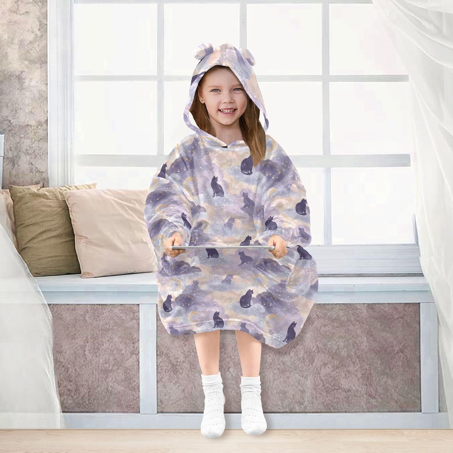 Purple Cloud with Cat Wearable Blankets for Kids, Soft Warm Cozy Blanket Hoodie for Boys Girls with Pocket