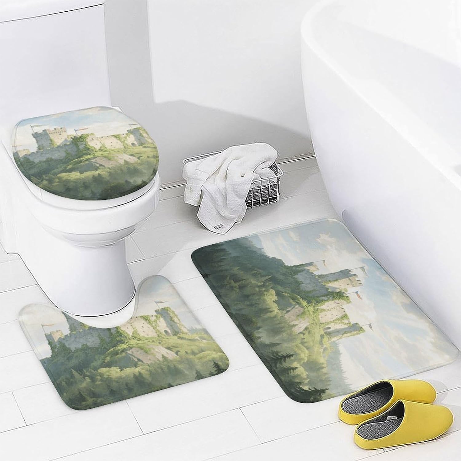 Ancient Castle Bath Rug Set 4 Piece,Bathroom Accessories Set-Toilet Rugs U Shaped,Toilet Lid Cover,Shower Curtain and Rugs,Ultra Soft, Absorbent,Home Decor