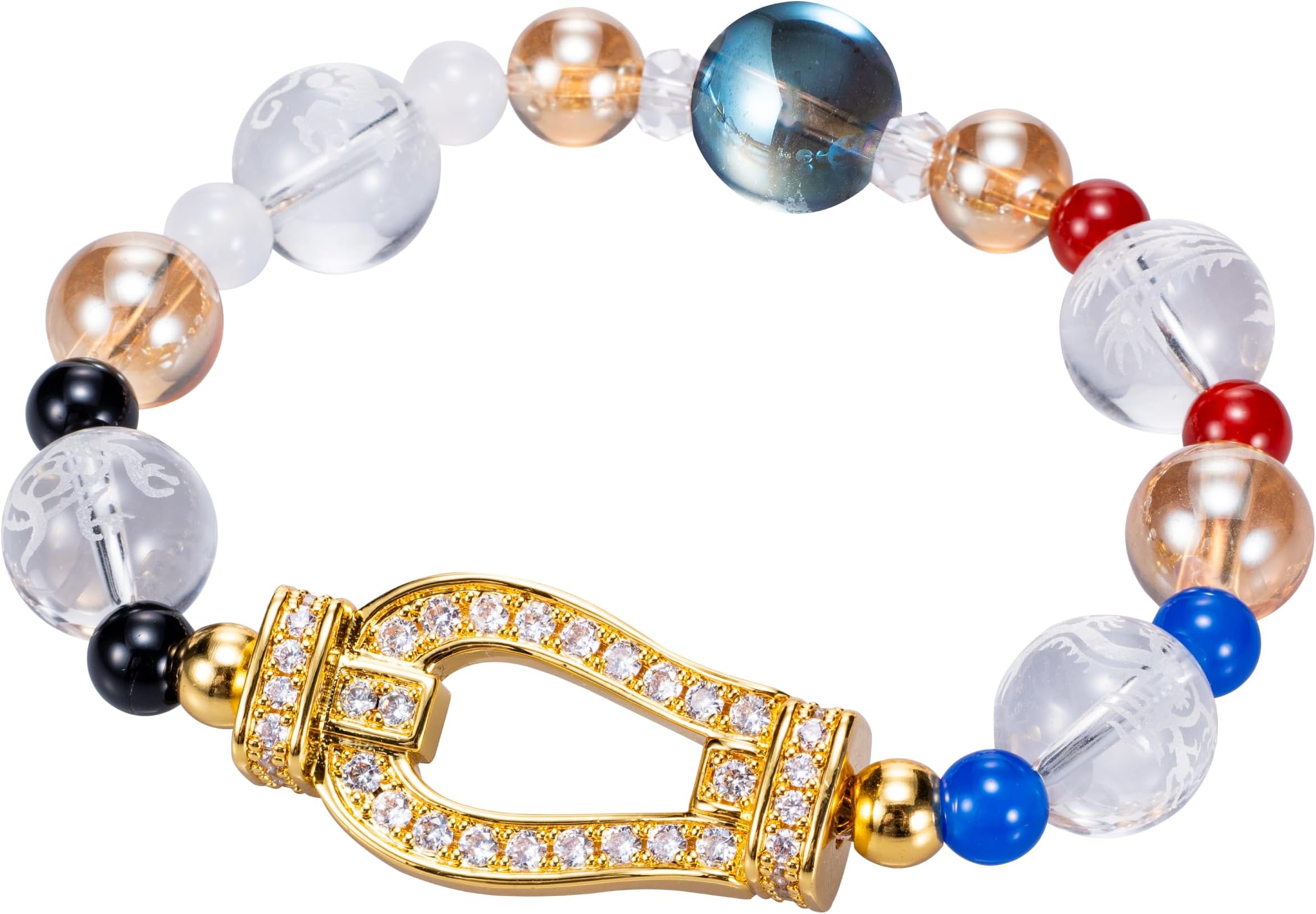 Japan lucky charm money luck bracelet horseshoe crown beads fengshui gold crystal wealth japanese traditional stretch men women unisex natural stone positive energy cool present casual