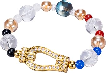 Japan Lucky Charm Money Luck Bracelet Horseshoe Crown Bead Rainbow Blue of Aura Feng Shui Crystal Wealth Japanese Traditional Stretch Men Women Uni Natural Stone Positive Energy Cool Present Casual