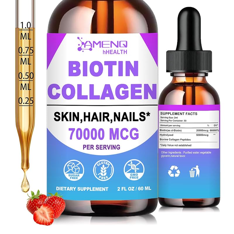 AMENQ hHEALTH Suplemento para Cabelos, Pele e Unhas com Biotina e Colágeno Líquido 20.000 mcg + 50.000 mcg, 60 mL
