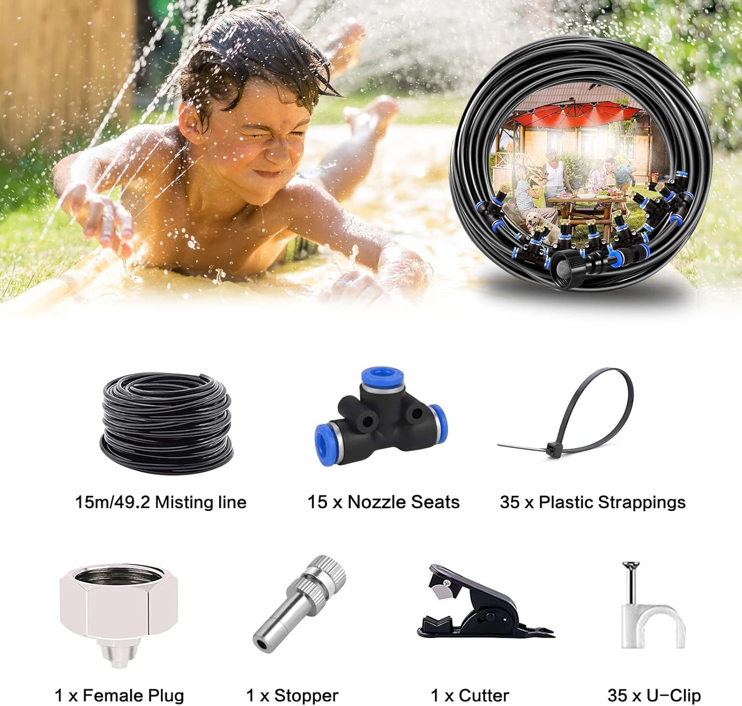 Misting Cooling System, Outdoor Misters Cooling System, Misting Line for Garden, Greenhouse, Parasol,15m/49.2ft