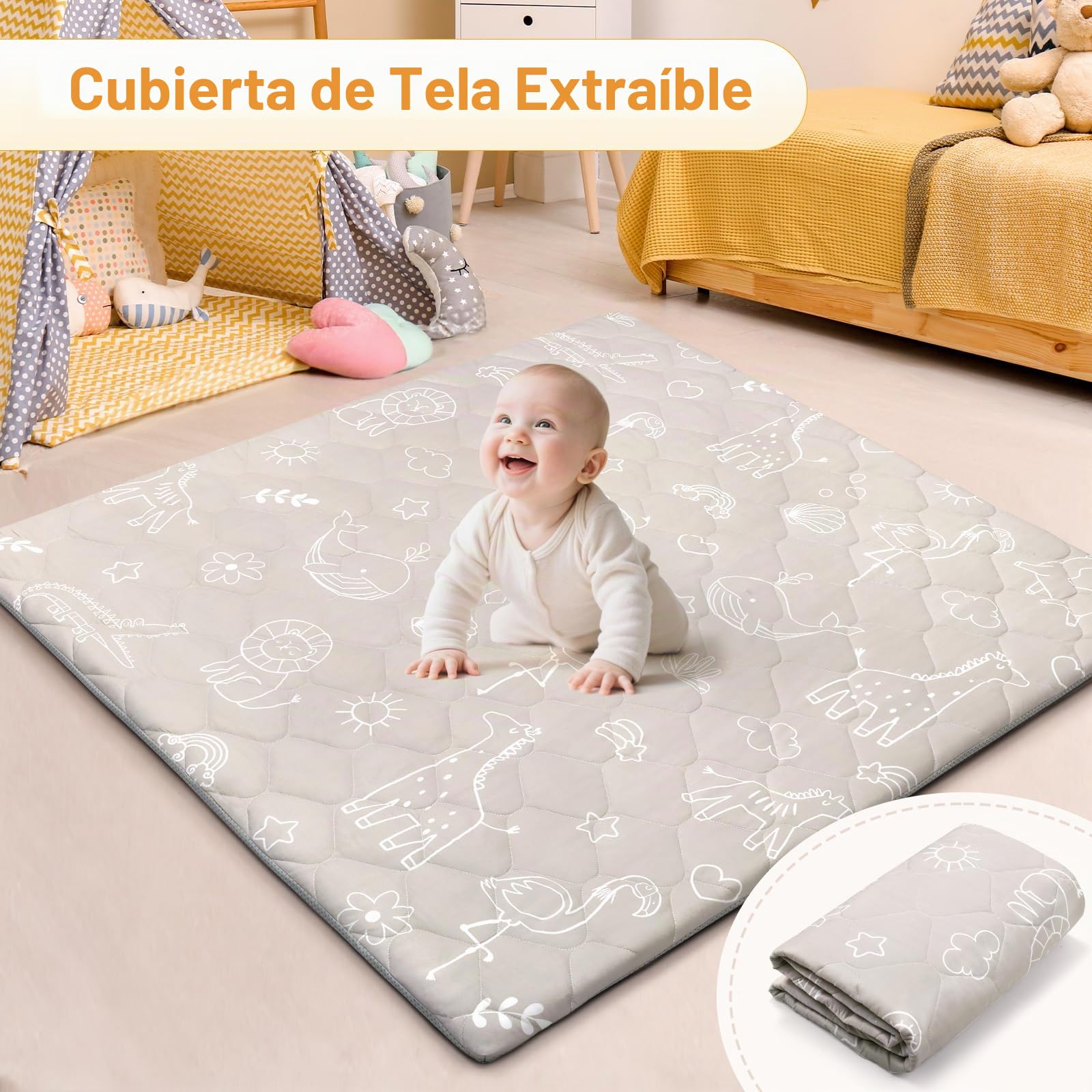 Alfombra Bebe 127×127 cm Desmontable Plegable, Espesar 2cm Alfombra Juegos Bebes Antideslizante, Tapete de Actividades Bebe Alfombras de Gateo Apto para Interior/Exterior/Valla (Animales con Líneas)