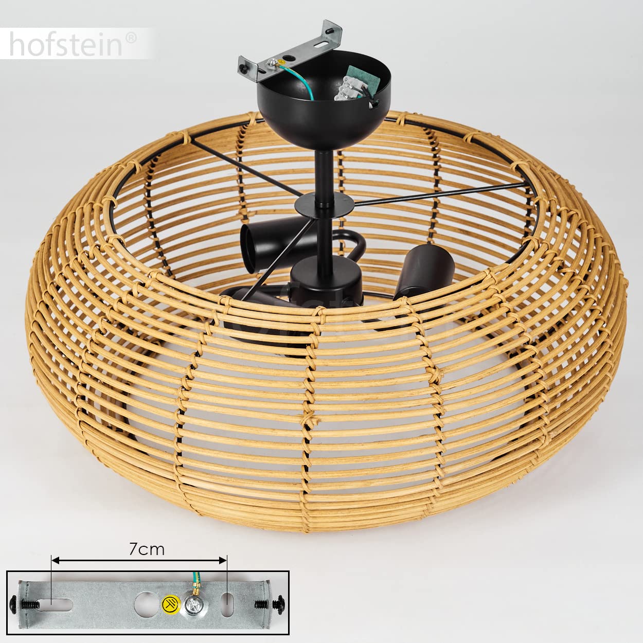 Lampada da soffitto Sepins, lampada in rattan/metallo in colore naturale/nero, design scandinavo, lampada boho con paralume a griglia e grande effetto luminoso, Ø 50 cm, E27, senza lampadina/e
