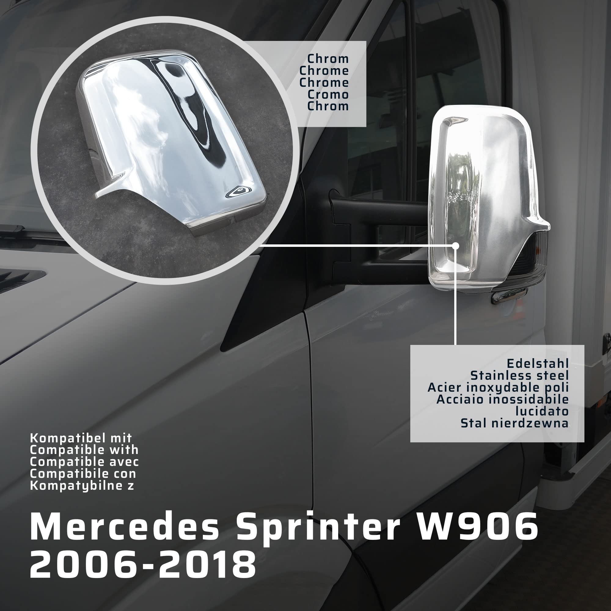 CHROMEMASTER | Nakładki na Lusterka Zewnętrzne | Kompatybilne z Mercedes Sprinter W906 2006-2018 | Stal nierdzewna; Osłony Lusterek to Niepowtarzalny Wygląd Auta i Ochrona Przed Uszkodzeniem