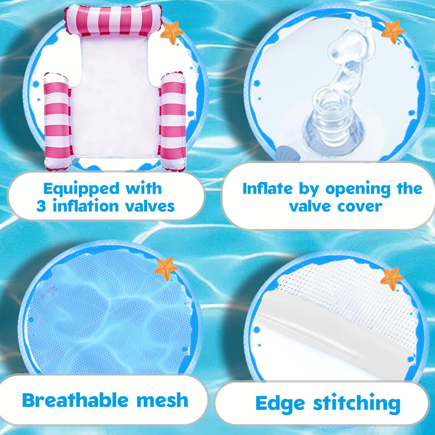 Bouee Piscine Adulte,4 in 1 Matelas Piscine Gonflable,Hamac Gonflable avec Deux Pochette Étanche,Pliable Portable pour Les Adultes et Enfants,Vacances à la Plage
