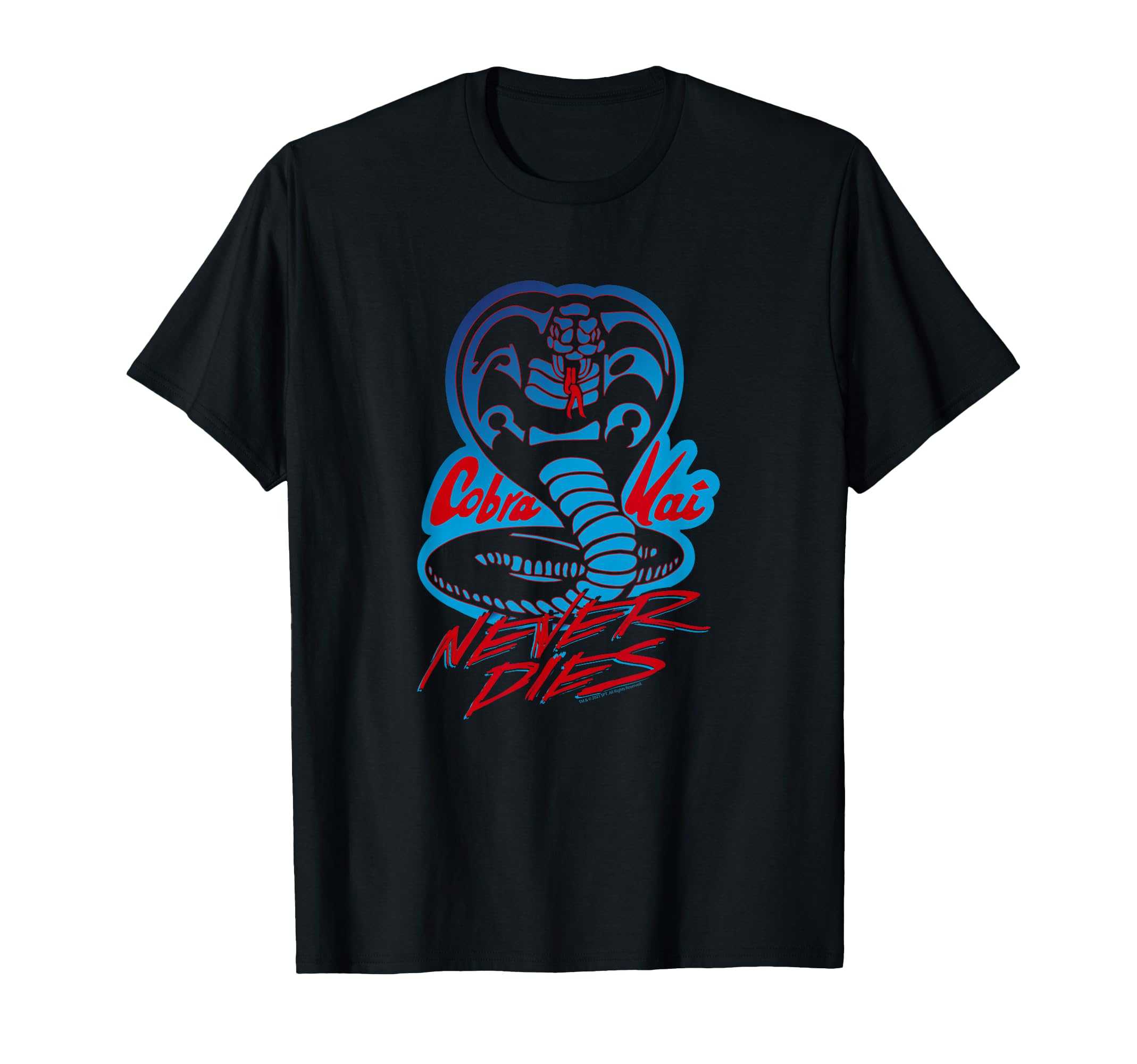 Cobra Kai Never Dies Blue and Red Cobra Logo TV Show T-Shirt