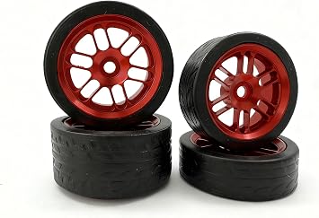 Keeda 4Pack Finished Racing Wheel and Tire Set for Losi Micro-B 1/24 RC Car - 7mm Hex, Lightweight Alloy Rims & TPE Tires for losi Micro b Upgrade Red