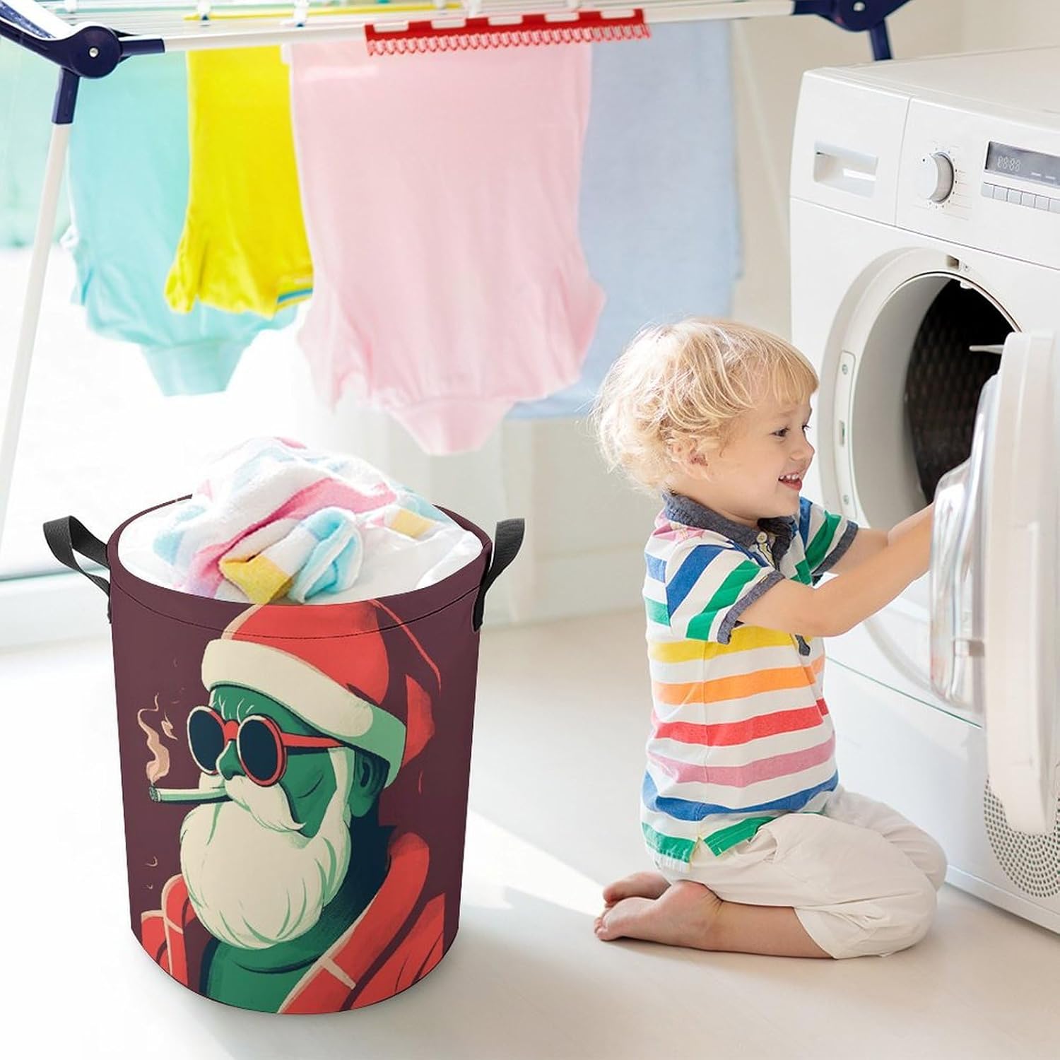Laundry Basket Laundry Bag Smoking Santa Claus Printed Foldable Laundry Basket with Easy Carry Handles for Clothes Towels in The Family And Dorm
