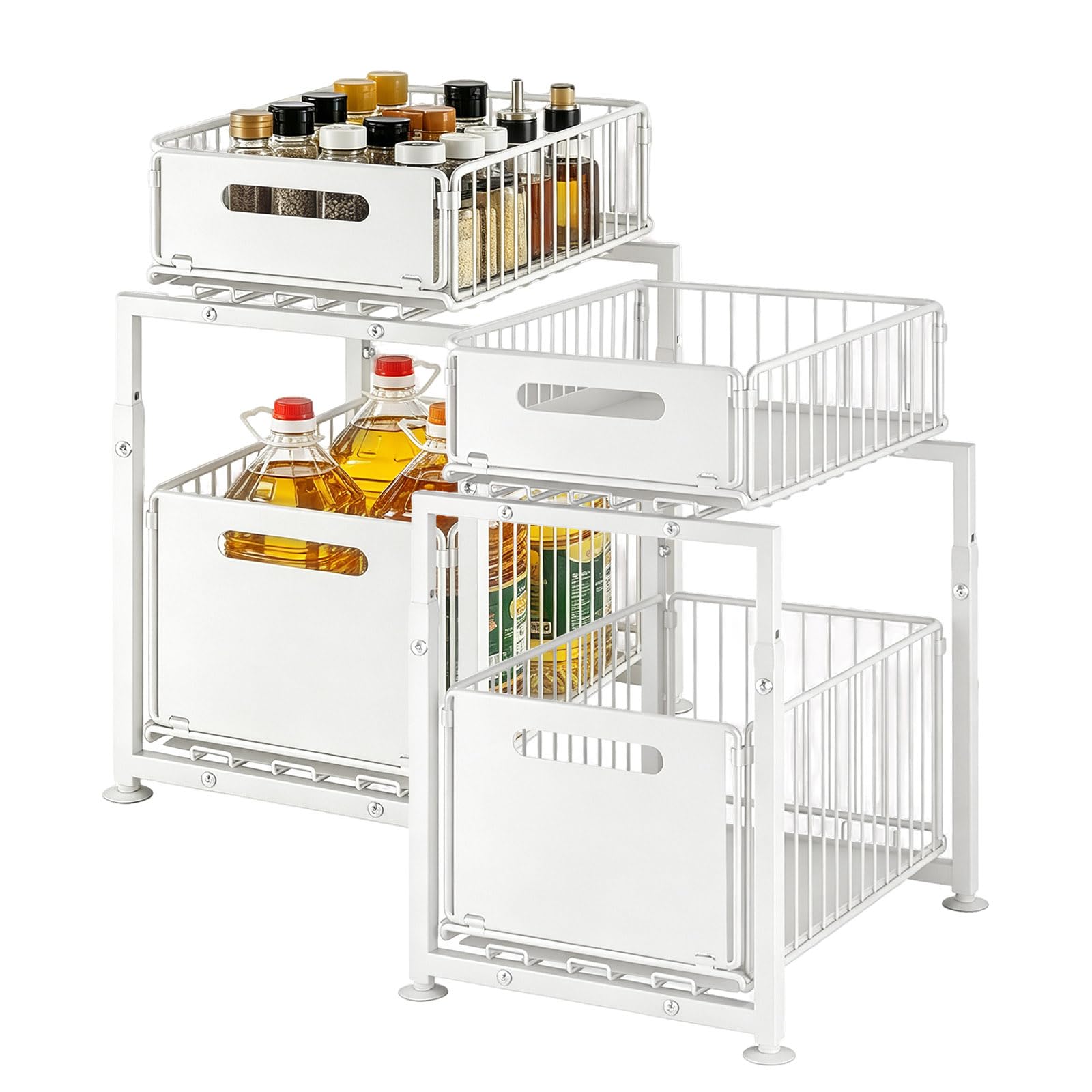 Küchenorganizer Unterschrank Ausziehbar 41-49cm Weiß 2 Stück | Ausziehbare Metallkörbe für Unterspülschrank, 5-fach höhenverstellbar 41-49 cm, passt in 60 cm Standard-Unterschrank