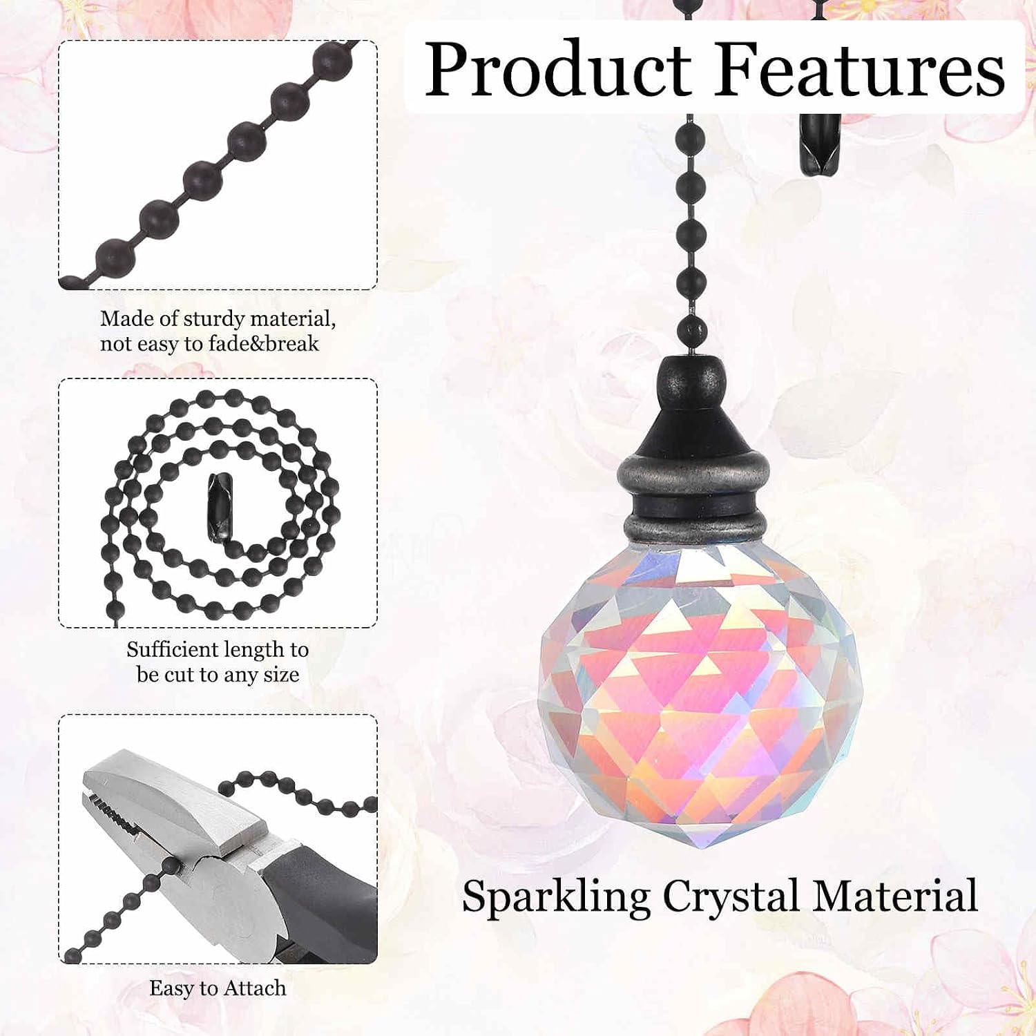 MECCANIXITY 2Pack Ceiling Fan Pull Chain, 12 Inch Decorative Ornaments Crystal Pendant Pull Chain Extension for Ceiling Fans Light Lamp, Colorful