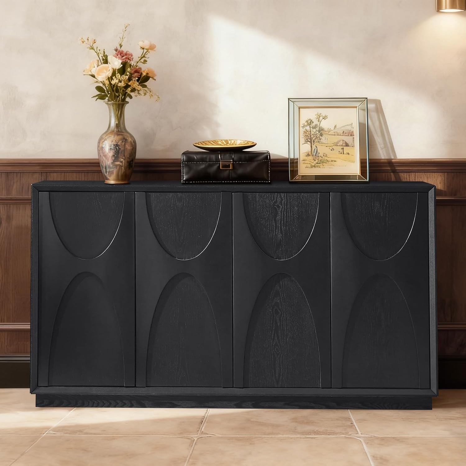 59" Sideboard Buffet Cabinet with Storage, Mid-Century Modern Solid Wood Veneer Buffet Sideboard Accent Credenza with Adjustable Shelves for Living Room Kitchen Hallway (Black)