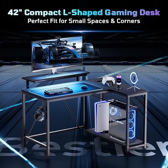Bestier 42-Inch L-Shaped Computer Desk with Charging & LED, Black