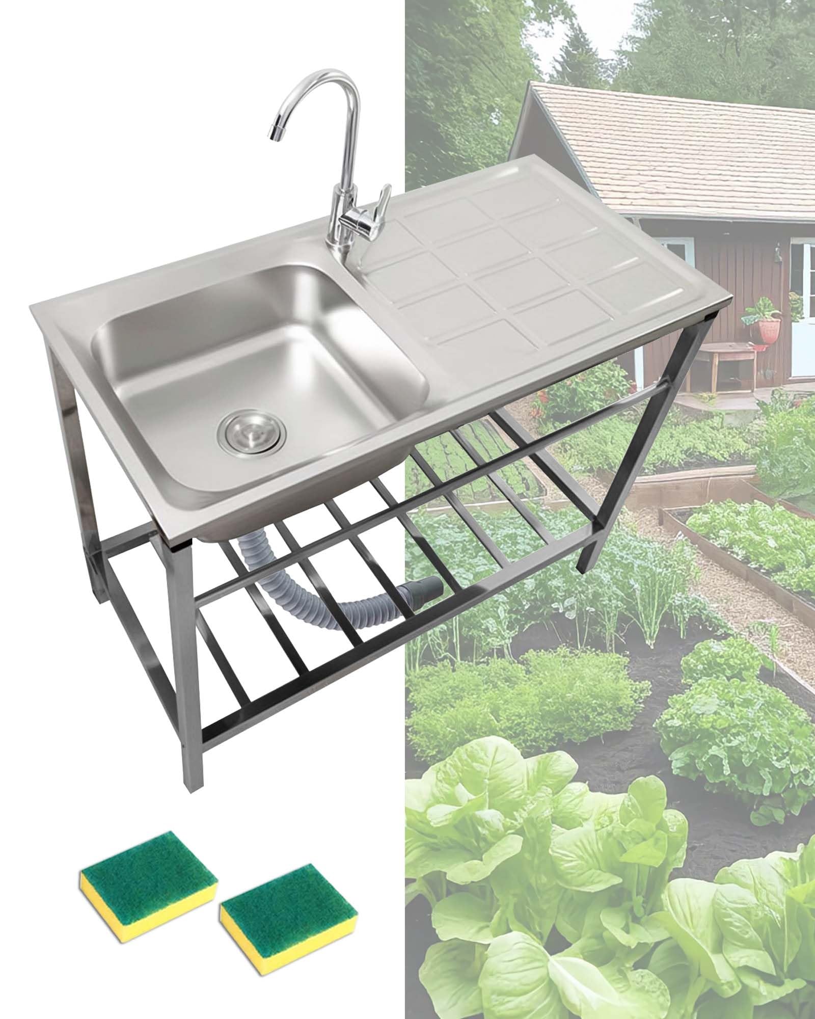 Edelstahl Werkstatt Waschbecken Outdoor Spülbecken Küche Spüle Freistehend Spültisch Mit Wasserhahn Für Camping/Garage/Waschküche Gewerbliche Restaurantspüle Leicht Zu Reinigen(75x40xH75cm)
