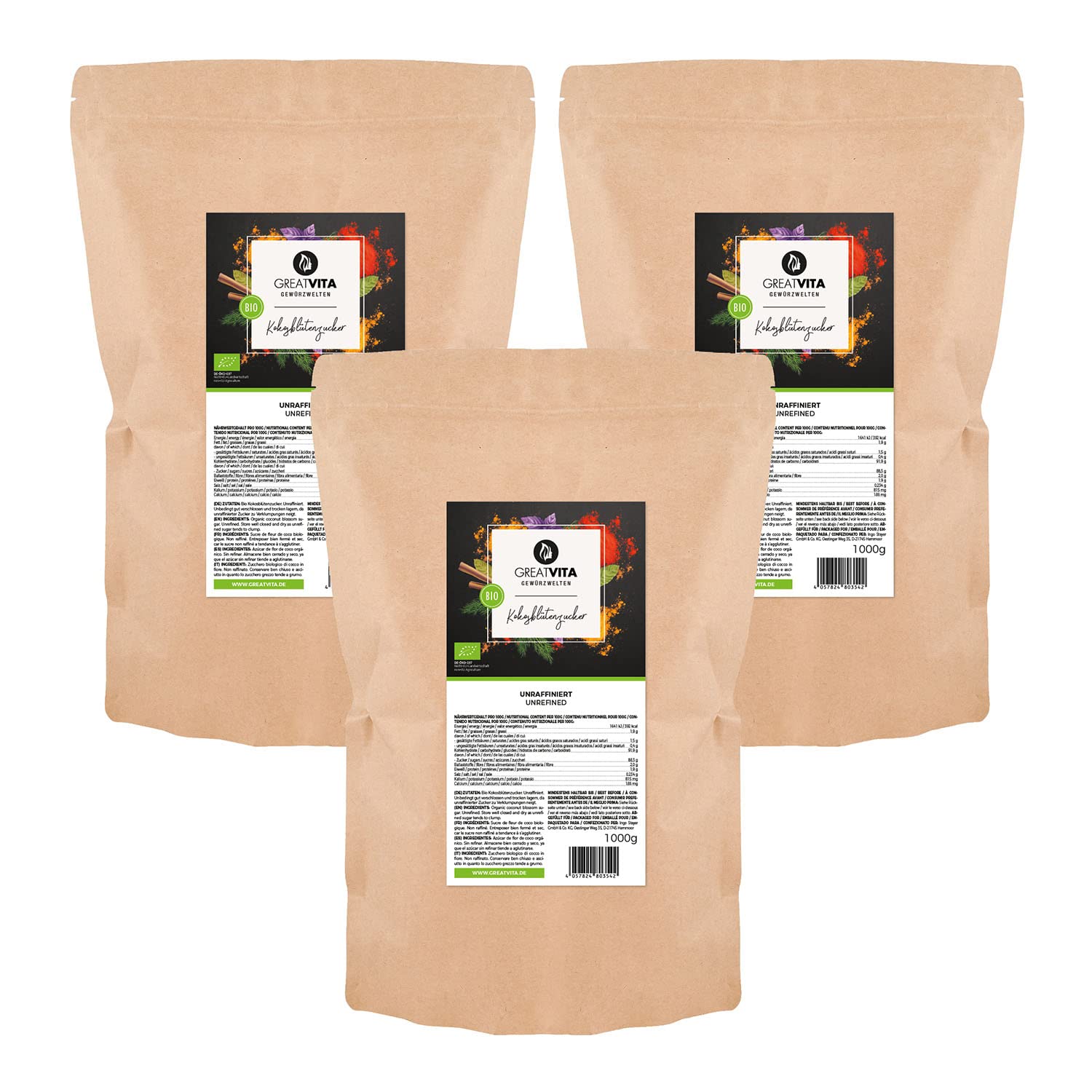 Mea Vita Sucre de fleur de coco biologique, non raffiné, paquet de 3 (3x 1000g) dans un sac
