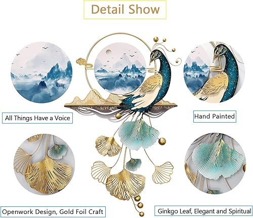 Vista 7 de 3D Metal Peacock Wall Art Decor for Living Room, Handmade Ginkgo Leaf Metal Wall Sculptures Decor, Luxury Welcome Wall Hanging Decor for Entryway