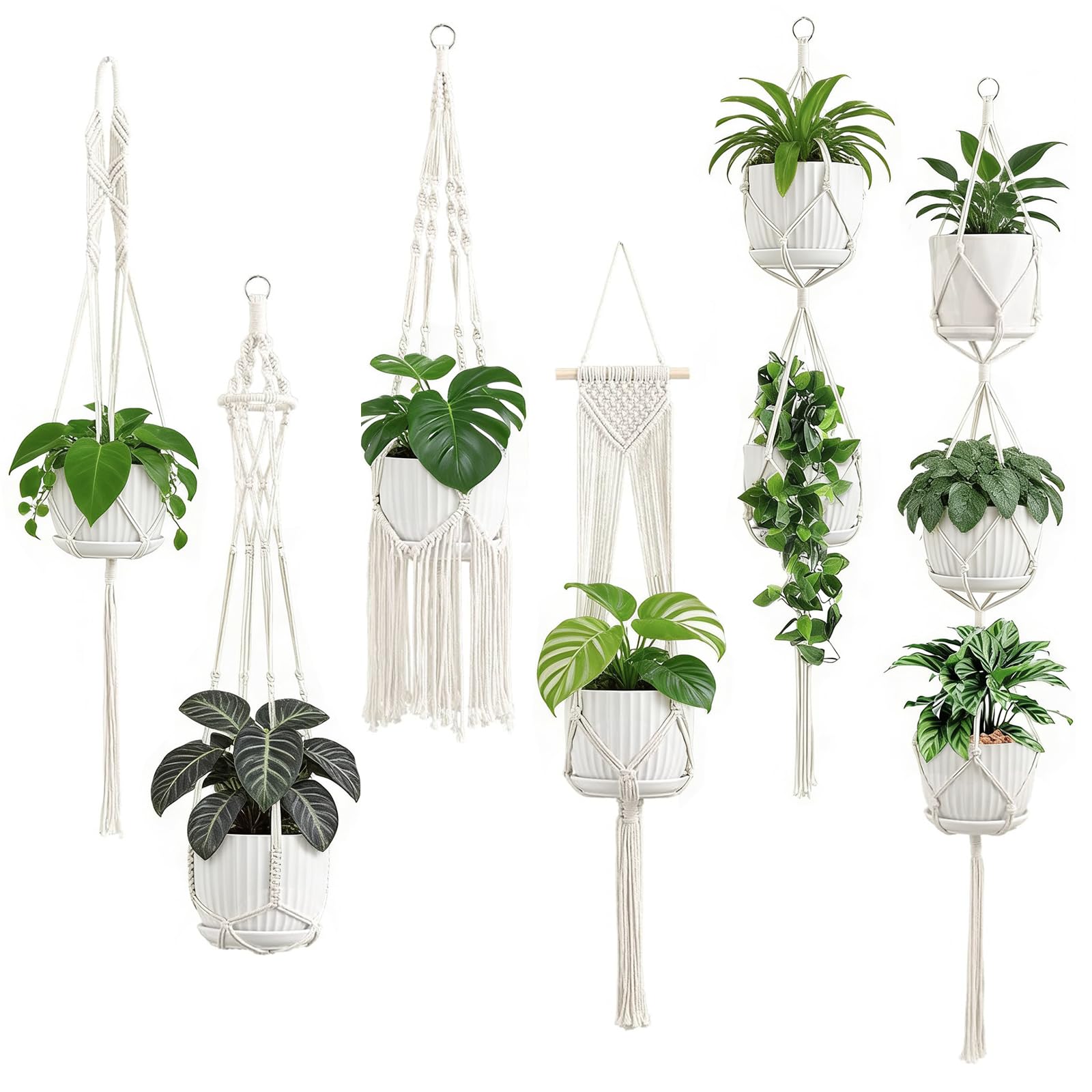 MAIJIAJU Macrame Plant Hangers, 6 Pack, Boho White Cotton