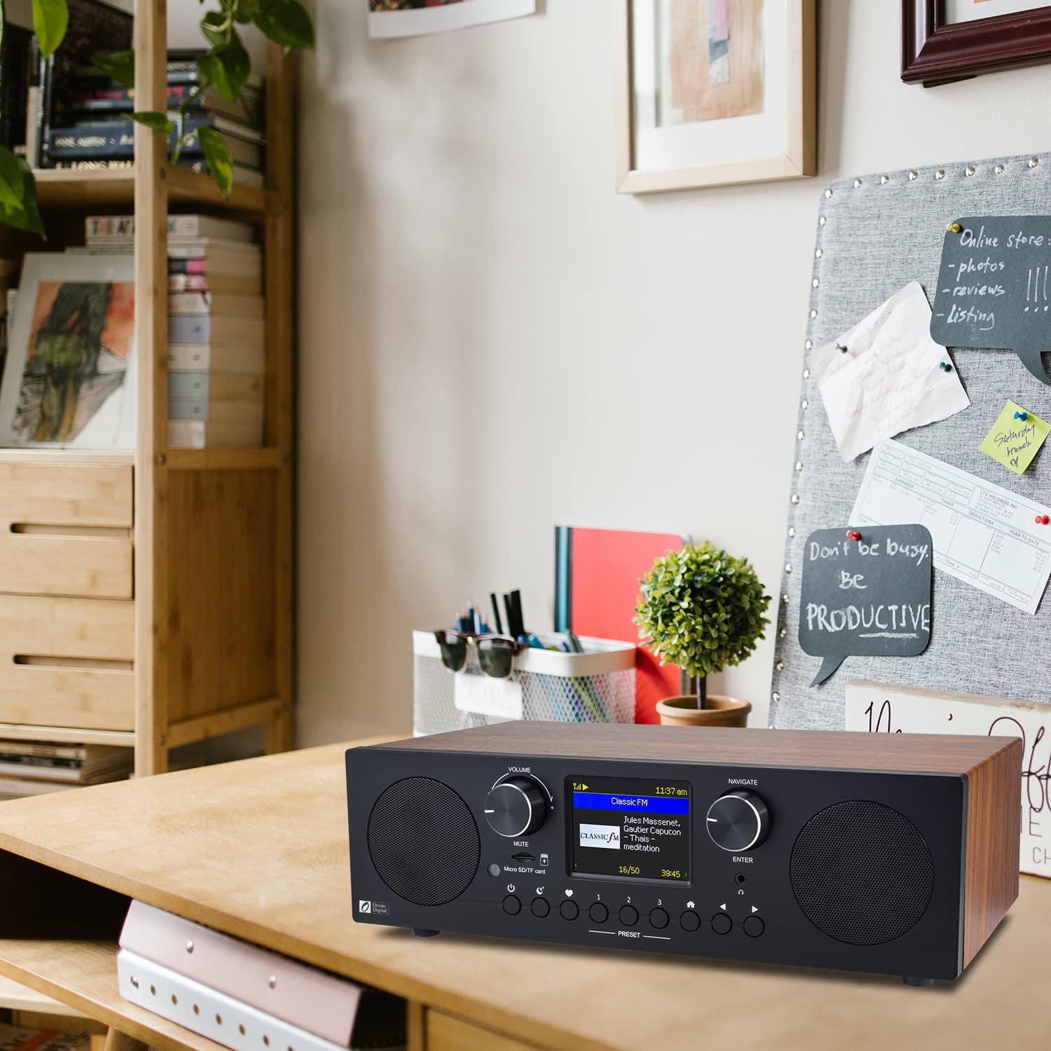 Ocean Digital WR-800 FM Wi-Fi Internet Radio Stereo Speakers Micro SD Line Out Aux in 30,000+ Stations Stress Relief Relaxation Sleep Aid 2.8" Color Display Wooden Casing Black