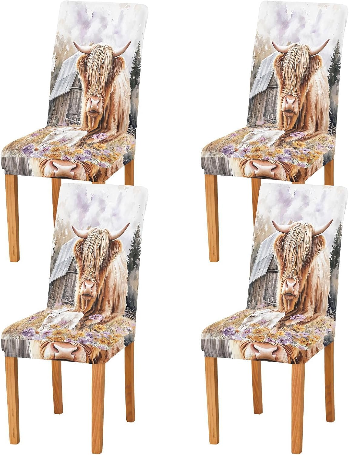 ALAZA Chair Covers for Dining Room, Highland Cow Farm Stretch Chair Cover Sets Chair Protector Removable Washable for Ktichen Restaurant Hotel