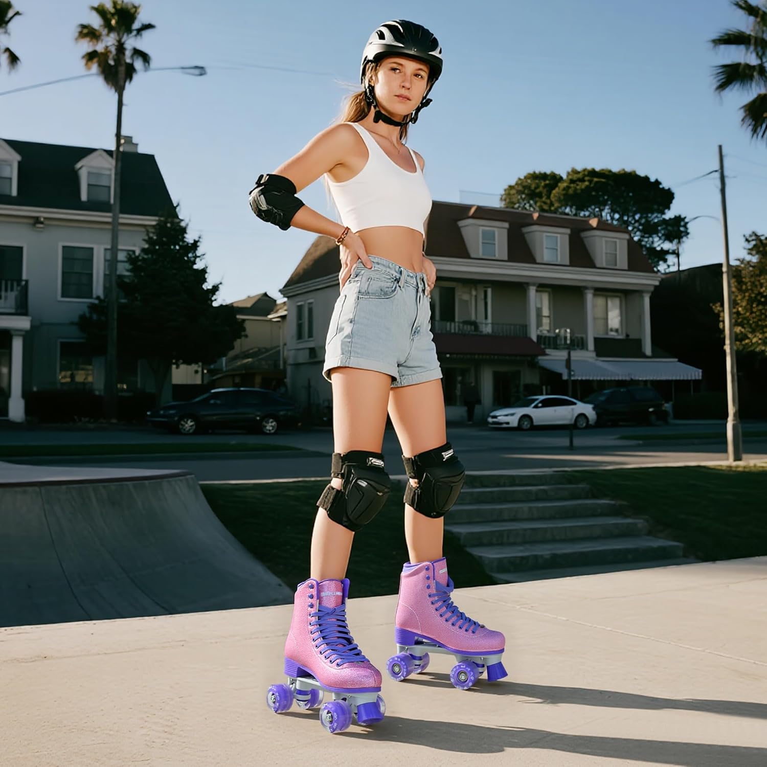 Roller Skate for Women, High-Top PU Leather Quad Skates for Beginner, Shiny Double-Row Rollerskates for Girls Ages 8-60 Outdoor and Indoor