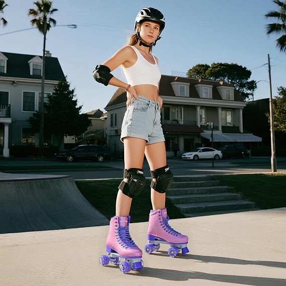 Roller Skate for Women, High-Top PU Leather Quad Skates for Beginner, Shiny Double-Row Rollerskates for Girls Ages 8-60 Outdoor and Indoor