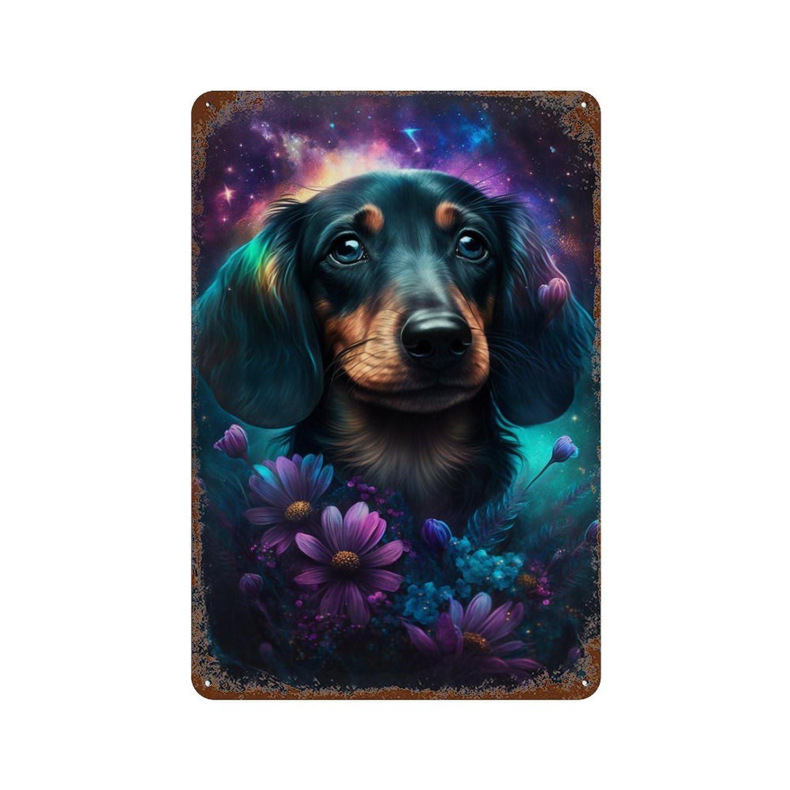 Galactic Dachshund with Flowers -1 Distressed Metal Wall Sign 11.8"x7.9", Shabby Chic Decor for Garage, Pub Or Kitchen