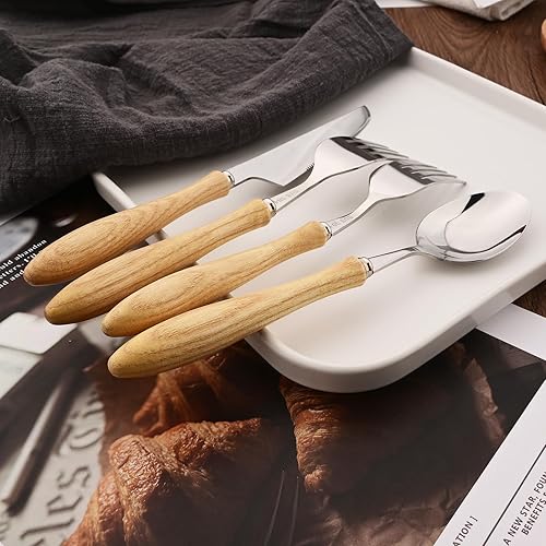 Miniatura 7 de Juego de cubiertos con mango de madera, 24 piezas (4 juegos), juego de cubiertos con cuchillos para carne, vajilla de acero inoxidable 304,