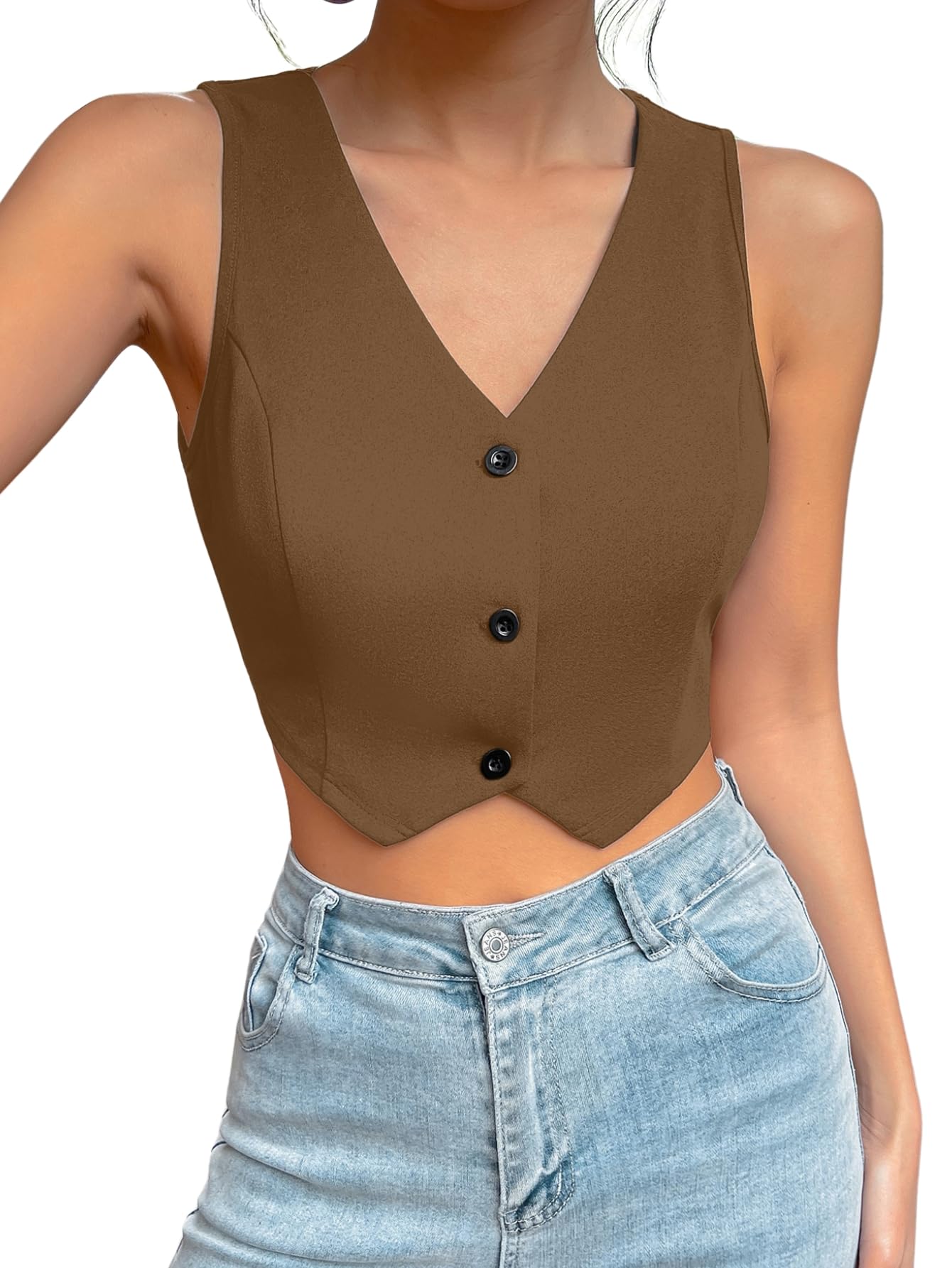 Solid Short Cut Suit Vest with Front Buttons Lapel Collar Sleeveless Waistcoat Crop Top for Women's & Girl's