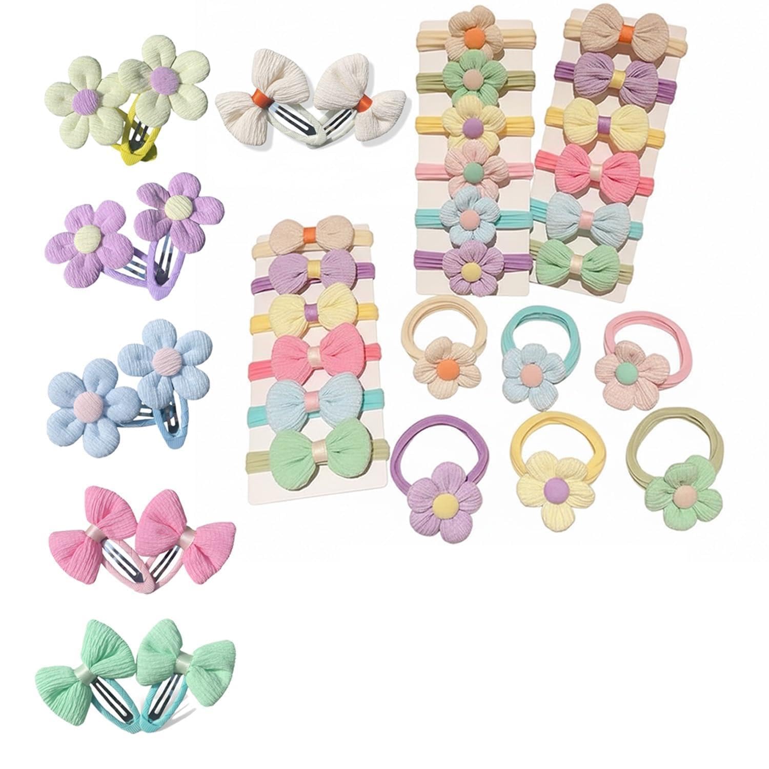 36 PCS Toddler Hair Clips, Hair Accessories for Girls, Baby Hair Clips Candy Colors, Hair Bows for Girls whit Soft Seamless Bows and Flowers Elastic Ponytail Holder Hair Ties for Girl