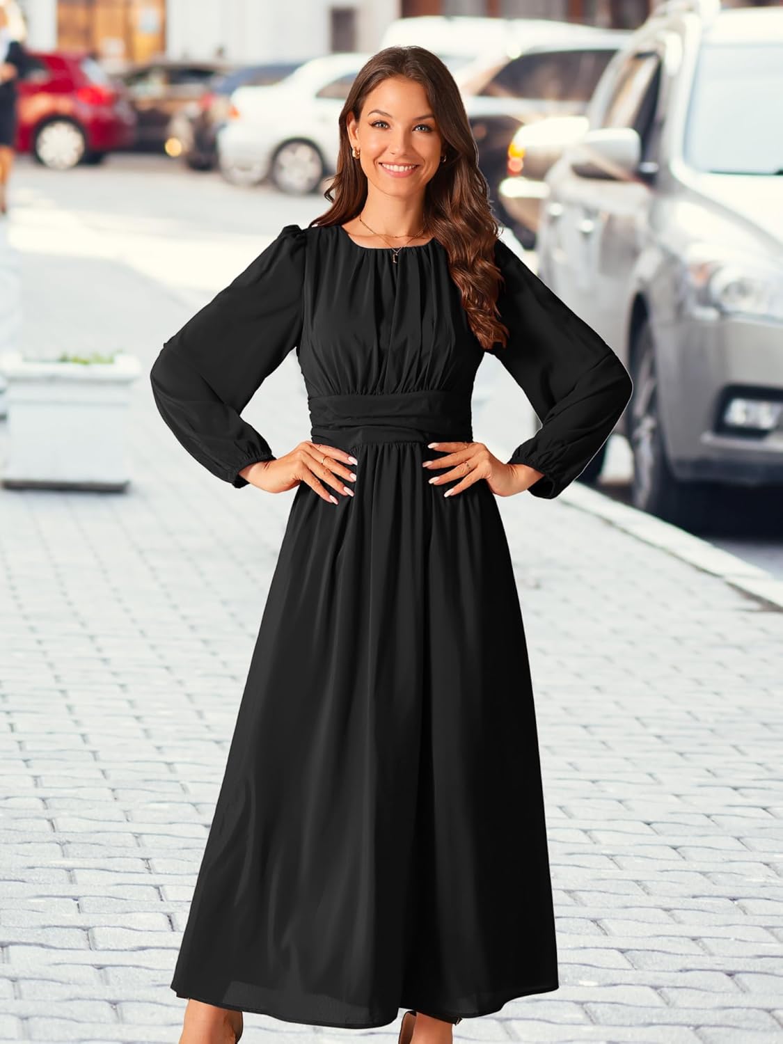 Seta T Women's Cocktail Party Dresses Crewneck Lantern Long Sleeves A-Line Chiffon Maxi Formal Dress - Image 3