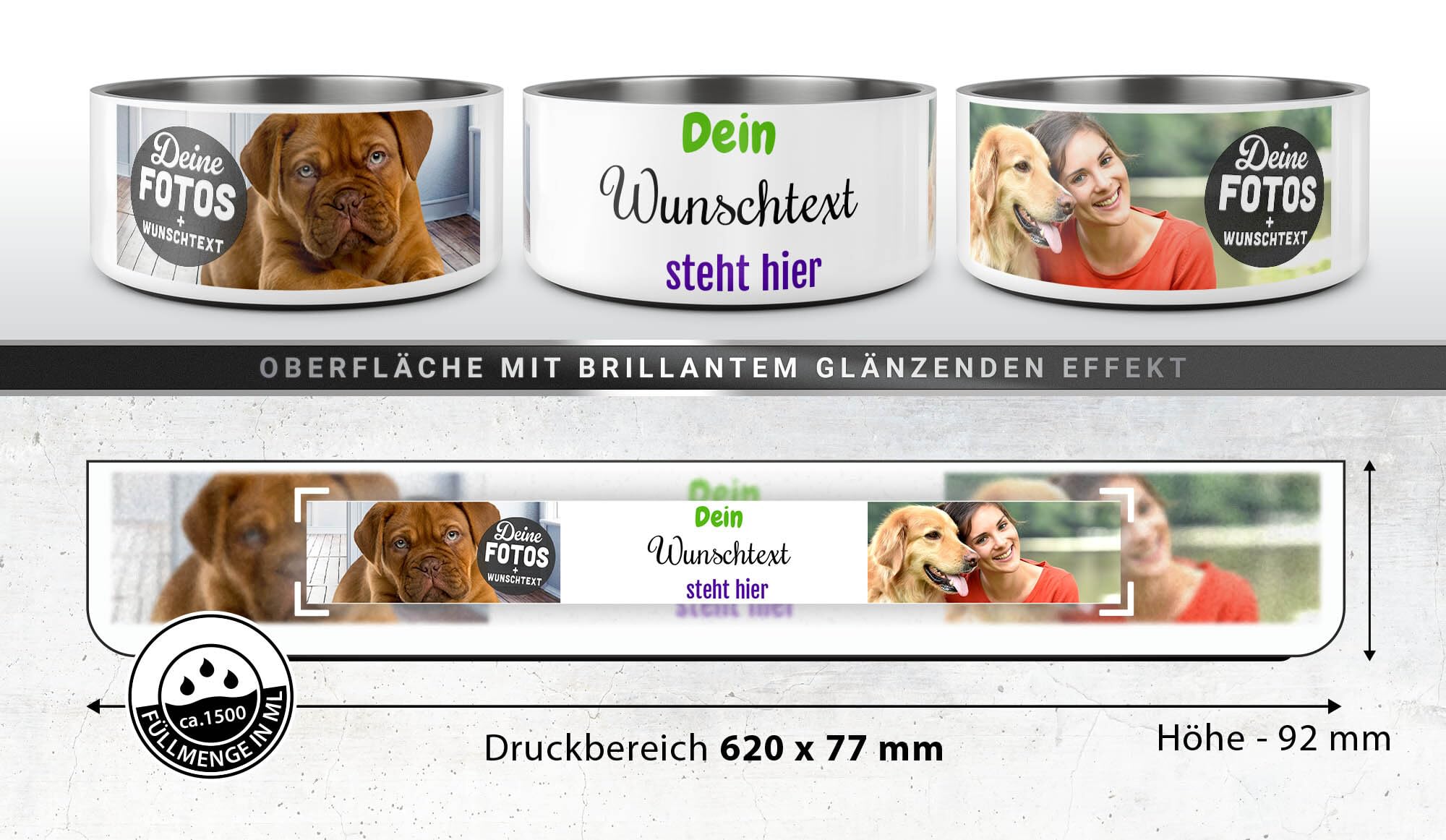 PR Print Royal Hundenapf personalisiert zum selbst gestalten mit Foto-Collage für 2 Fotos & Text - Wassernapf, Fressnapf Hund - Geschenke für Hundebesitzer | Edelstahl, rutschfest 1500 ml