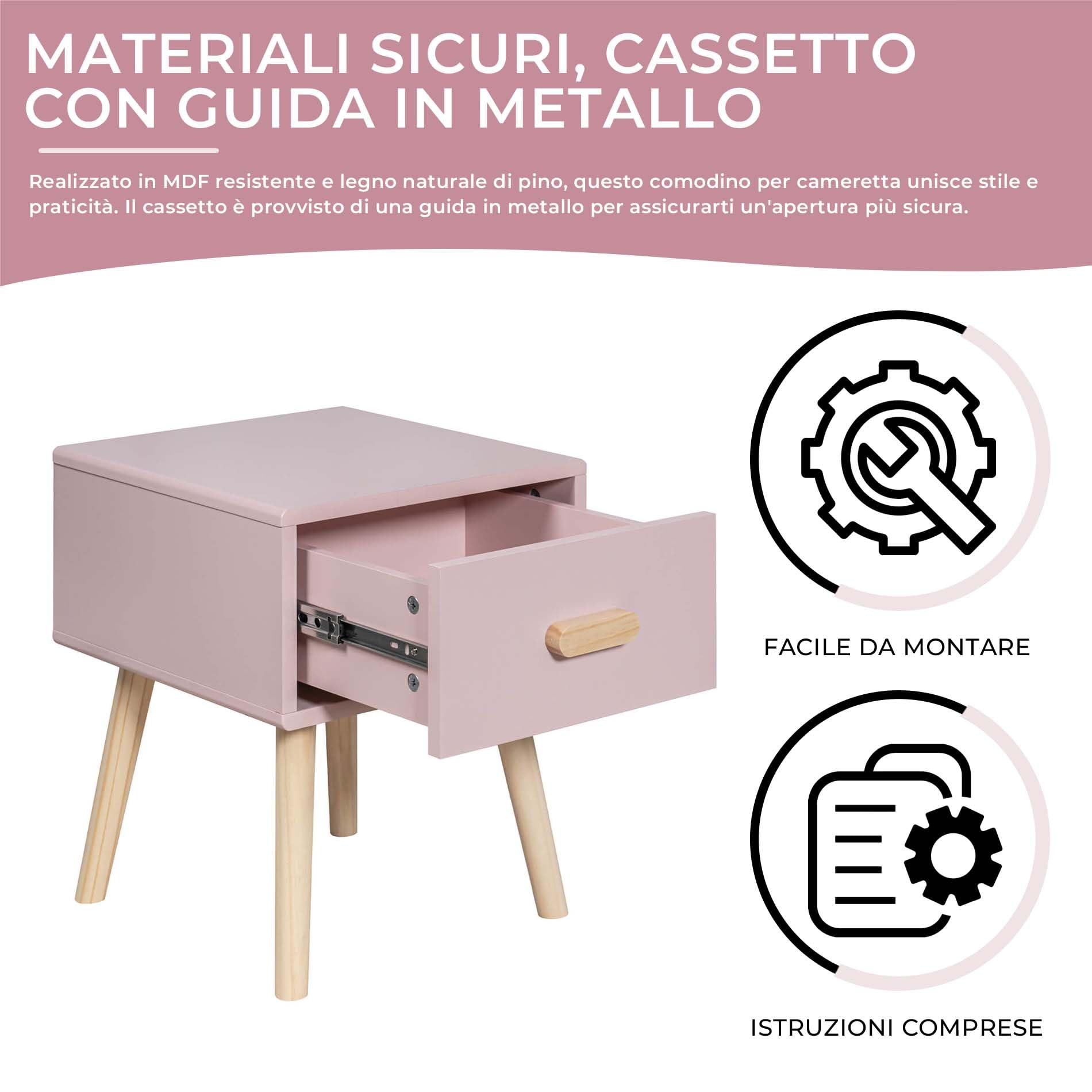 Rebecca Mobili Comodino per Bambini, Mobile per Cameretta, Rosa Marrone, MDF Pino, con 1 Cassetto con Guide, Salvaspazio - Misure HxLxP: 44 x 35 x 35 cm - Art. RE6977